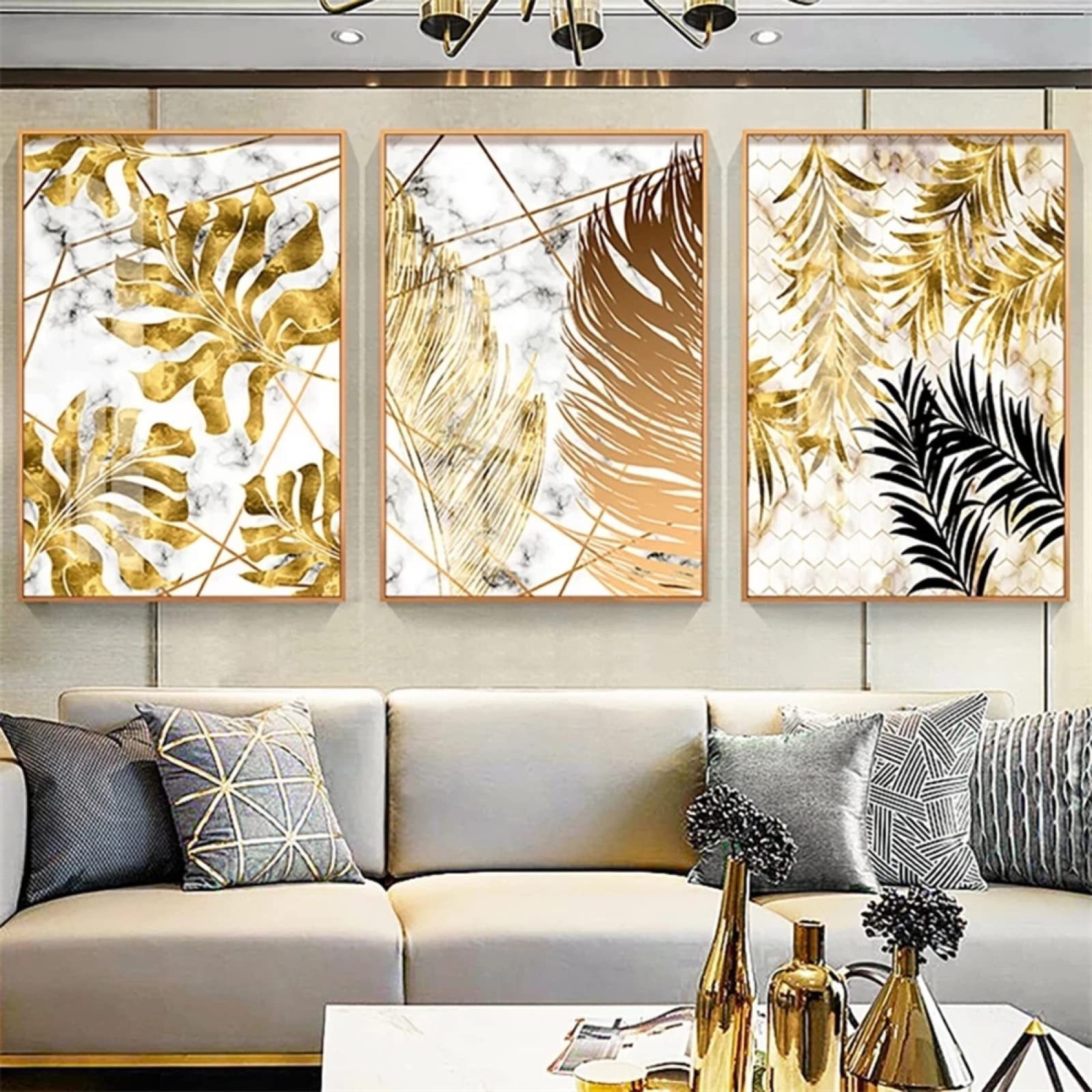 5D Diamond Painting Kits Completo, 3 Pezzi Square drill Foglie D'Oro Astratte 50x70cm Fai da Te Pittura Diamante, DIY Strass Ricamo Pittura a Punto Croce Arte Mestiere per Decorazione Parete di Casa