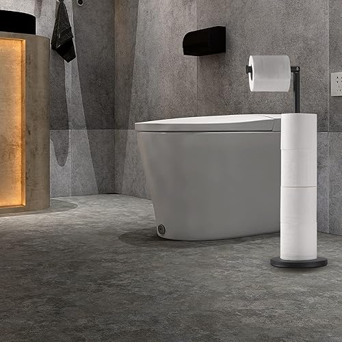 Miniatura 4 de Soporte de papel higiénico, soporte de rollo de papel higiénico con almacenamiento, negro mate, rollo extra disponible, base pesada, acero
