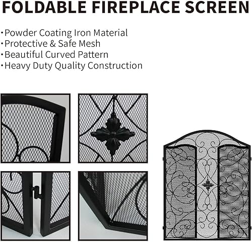 Miniatura 6 de Pantalla para chimenea de 3 paneles de hierro forjado de 50 pulgadas de largo x 36 pulgadas de alto, moderno, plegable, de seguridad, para cerca,