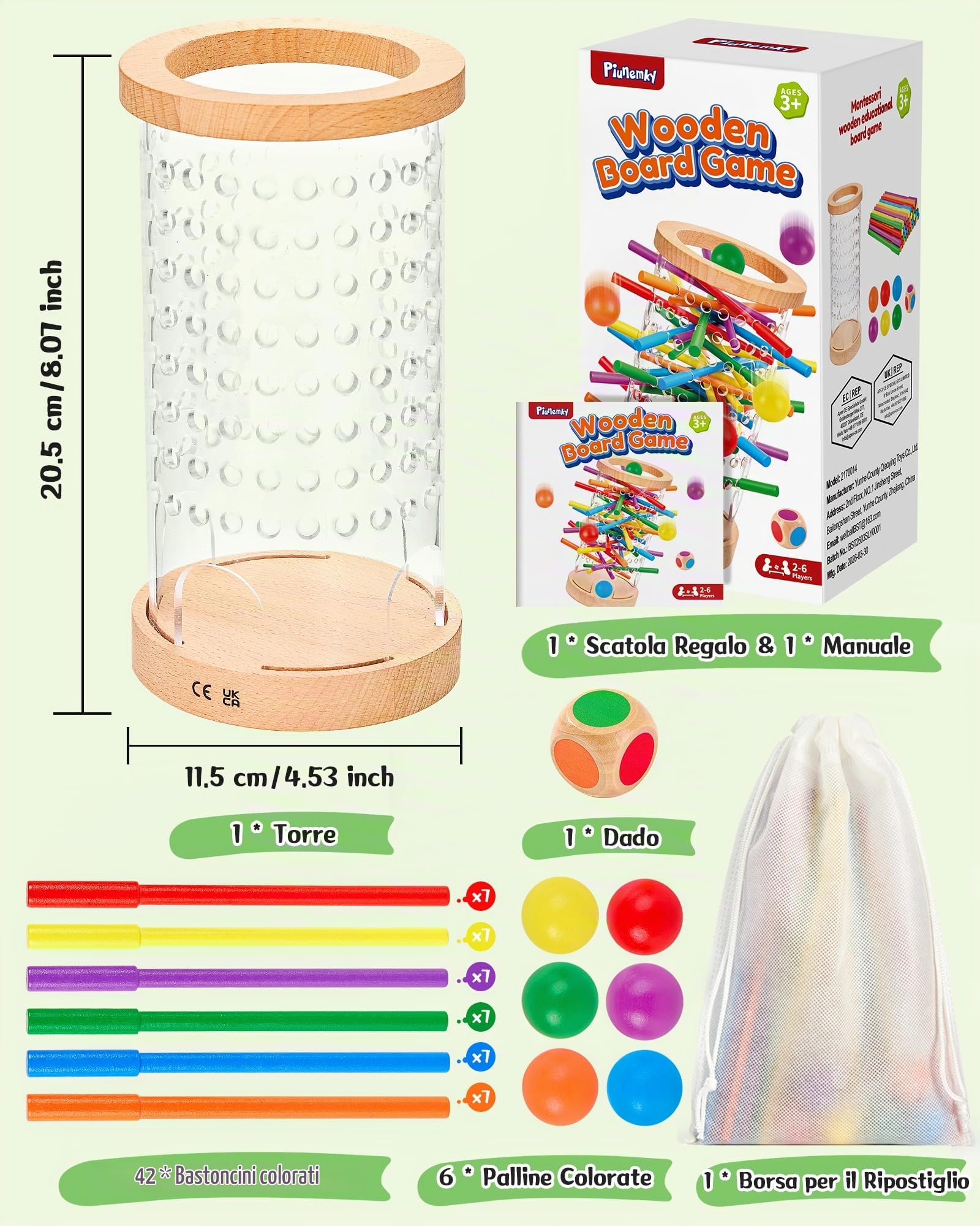 Giochi per Bambini 3 4 5 6 Anni, Educativi Montessori per Motricità Fine e Logica, Giochi da Tavolo in Legno per Famiglia con Bastoncini Colorati, Dadi e Palla – Regalo per Bambina e Bambino