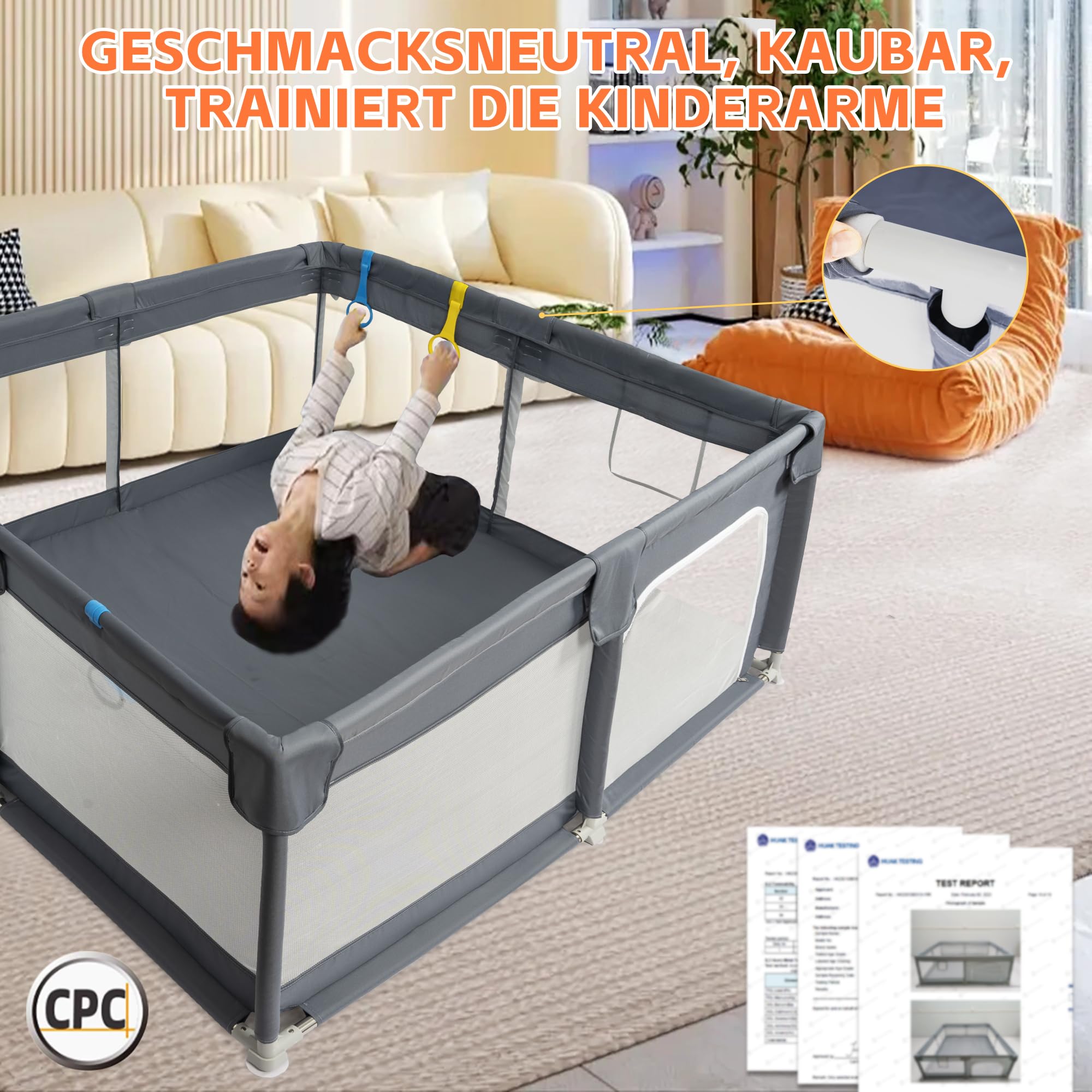 OUUTMEE Laufstall Großer Babyzaun,Laufstall mit rutschfester Basis, Grauschwarz 150x150cm
