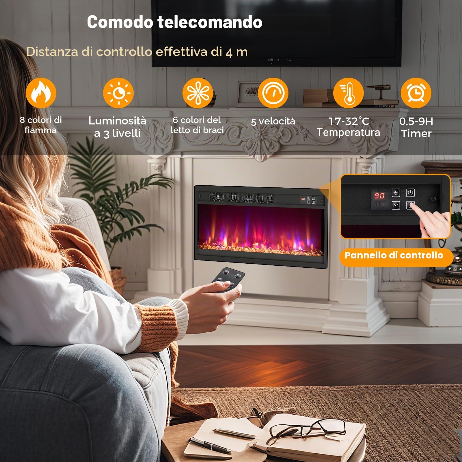 SOARS Camino Elettrico 1500W, Caminetto Elettrico con Effetto Fiamma LED a 8 Colori, 3 Livelli di Luminosità,17-32℃, Protezione Anti Surriscaldamento, Telecomando (60,9 X 11,8 X 34,2 CM)