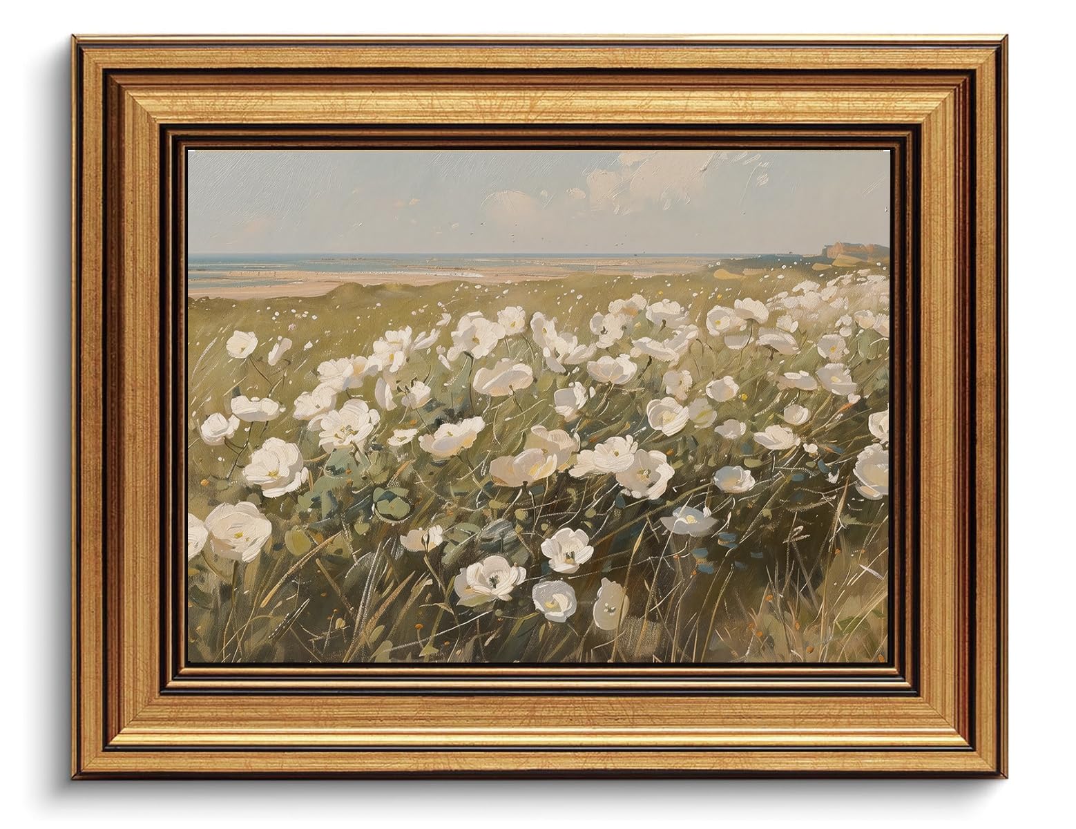 gold framed wall art vintage wildflower canvas art farmhouse floral picture white flower wall decor antique prints rustic paintings landscape artwork for bedroom living room 8x10 inch