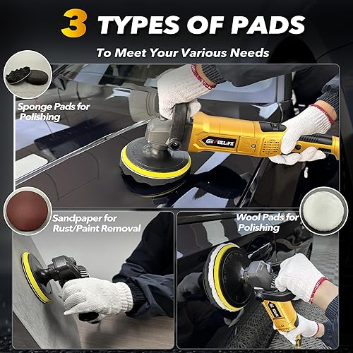 Miniatura 6 de GEVEELIFE Pulidora pulidora rotativa de 6 pulgadas/7 pulgadas, 1600 W, 7 velocidades variables, 1000-3500 RPM, mango desmontable para automóvil