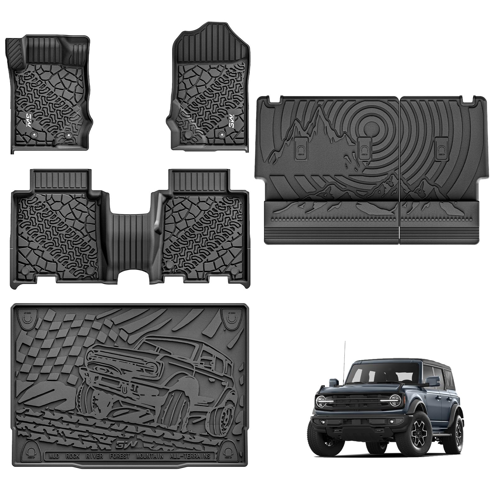 3W Ford Bronco Floor Mats Cargo Liner Back Seat Cover Custom Fit for 2021 2022 2023 2024 2025