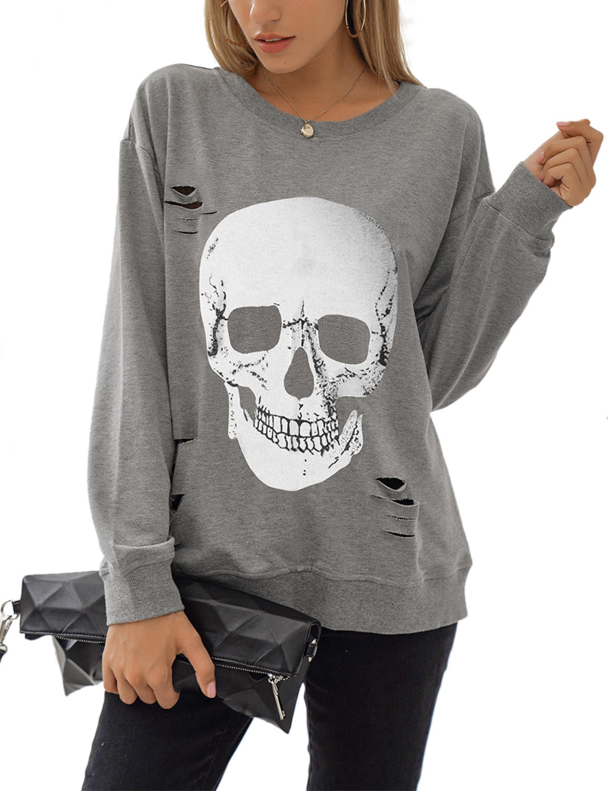 Blooming Jelly Women's Halloween Sweatshirts Skull Graphic T Shirts Long Sleeve Pullover Tops Gothic Fall Clothes 2025
