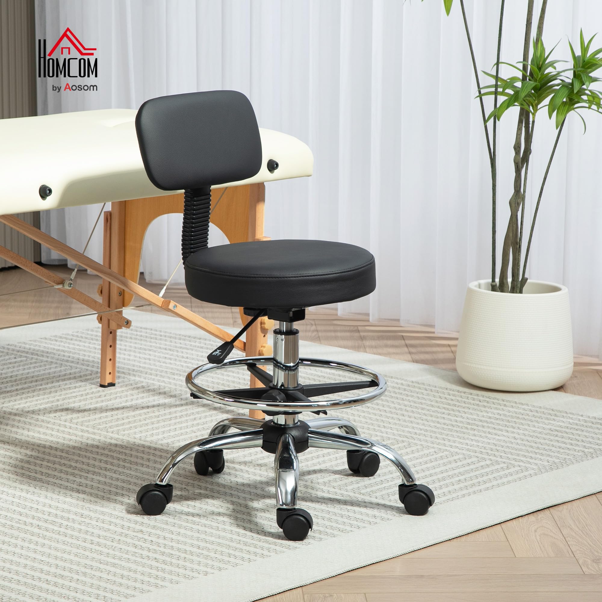 HOMCOM Chaise de Bureau Ergonomique Dossier Réglable Repose-Pieds Noir | Chaise de Dessin Sans Accoudoirs, Hauteur Ajustable, Pivotante à 360°, Tabouret Bureau