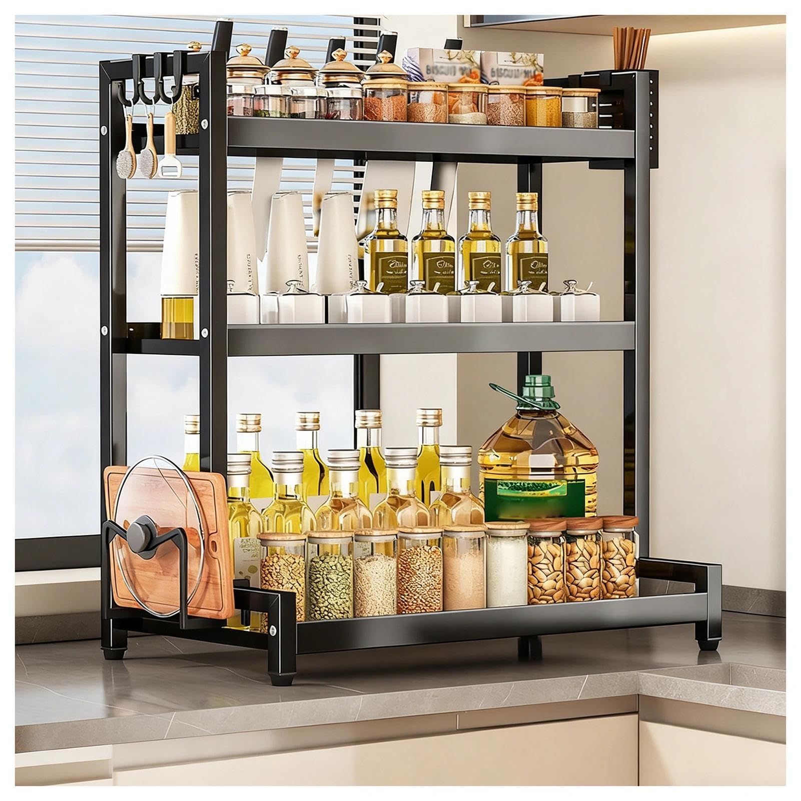 TIANQIHAO Stainless Steel Countertop Spice Rack Nizer, 2-Tier Metal Table Rack With Hooks And Knife Holder, Standing Large Nizer For Sugar, Salt, Pepper And Oil Bottles,Black-3 Tier-19.7in