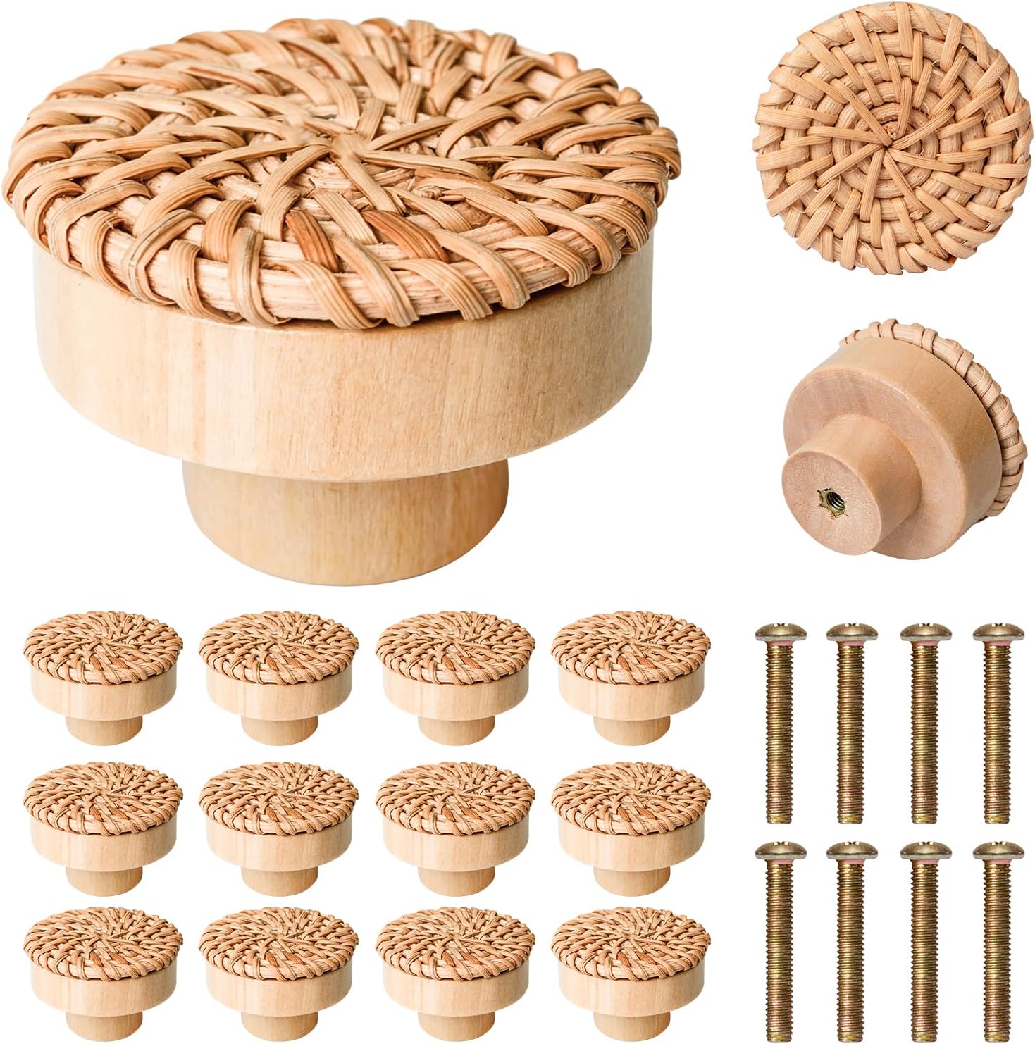 12 Pack Boho Rattan Dresser Knobs Wood Knobs, Round Knobs