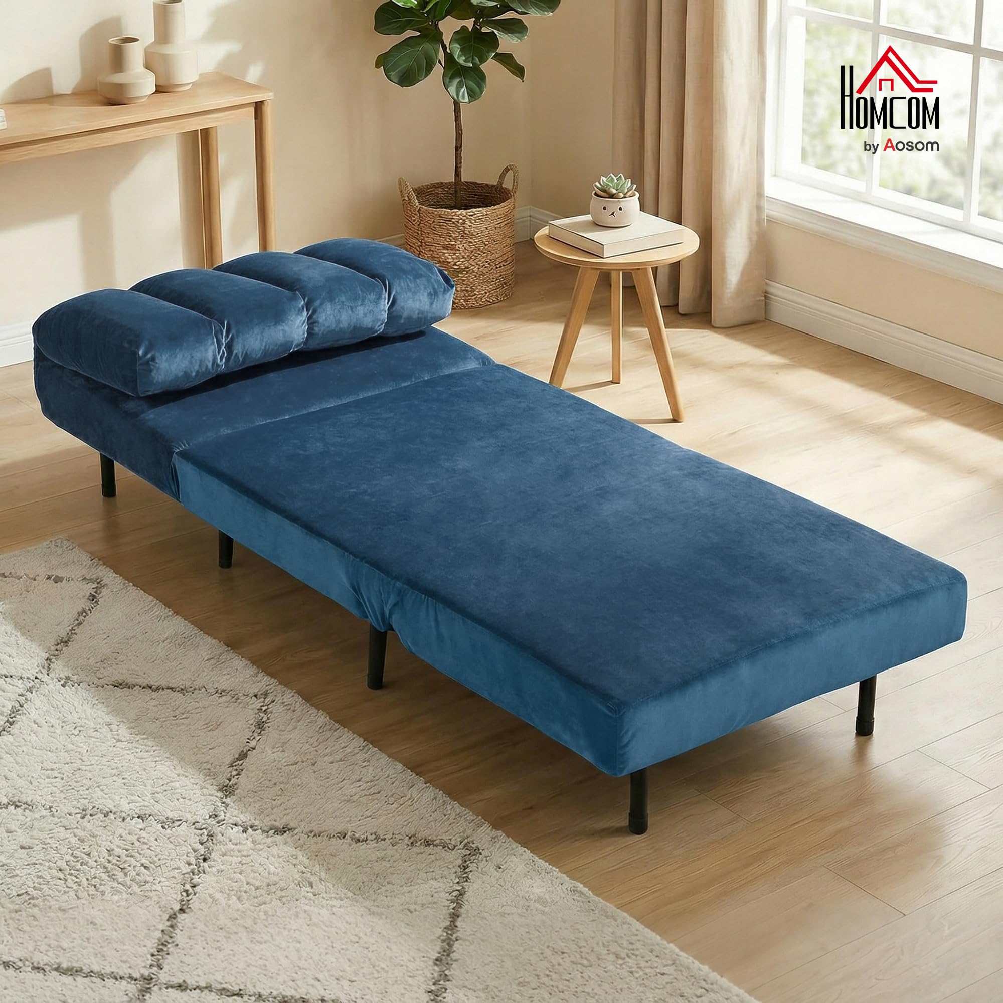 HOMCOM Poltrona Letto Singolo 3 in 1 Pieghevole Trasformabile, Schienale Regolabile 3 Posizioni, Cuscino Spesso, Divano Letto in Velluto, Soggiorno, Camera da Letto, Facile Montaggio, 88x92x88cm, Blu
