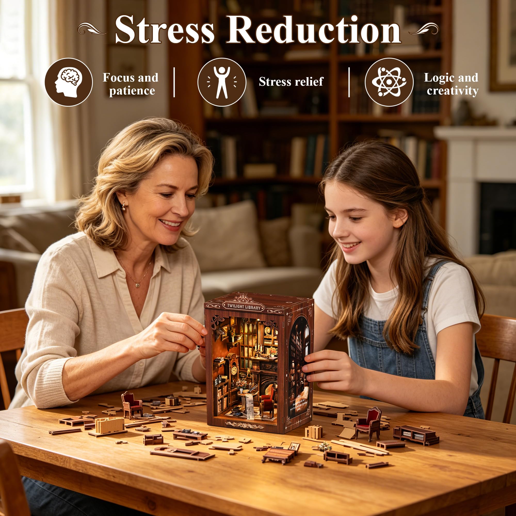 Kit Book Nook pour Adultes: LUMYCE Puzzle 3D en Bois avec poussière et lumière LED - Maquette Déco et Architecture pour Les Amoureux des Livres créatifs