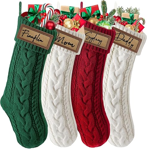 steo spce Calcetines de Navidad personalizados con parches de cuero, medias de Navidad familiares con nombre, medias de Navidad grandes de punto de