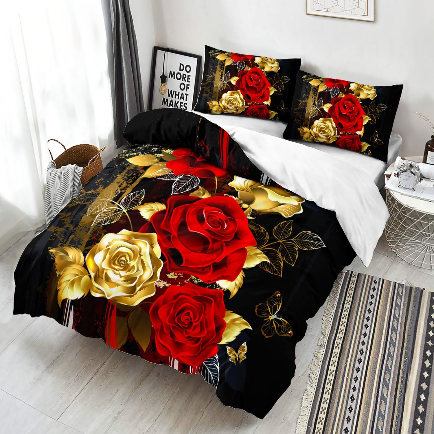 AILONEN Girls Duvet Cover Set, Red and Gold Flower Comforter Cover Set, Romantic Botanical Flower Duvet Cover, Black White Striped Rose Duvet Cover with 2 Pillowcases, 3 Pieces