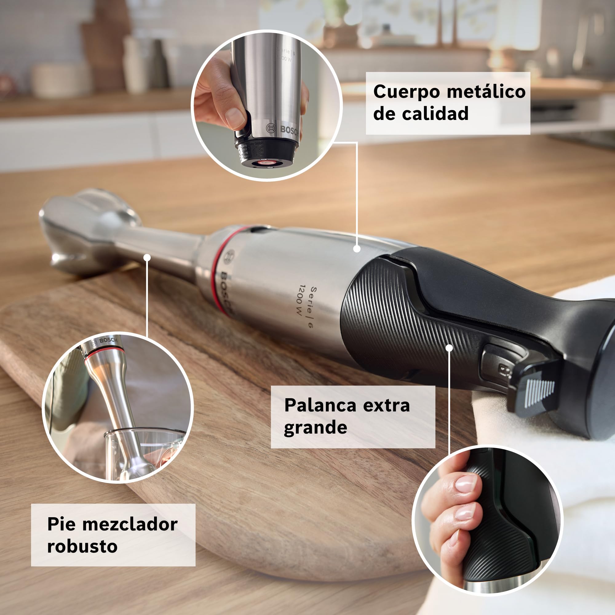 Bosch - Batidora ErgoMaster, Serie 6, 1200 W, QuattroBlade System Pro, Accesorios incluidos, Acero inoxidable, MSM6M830