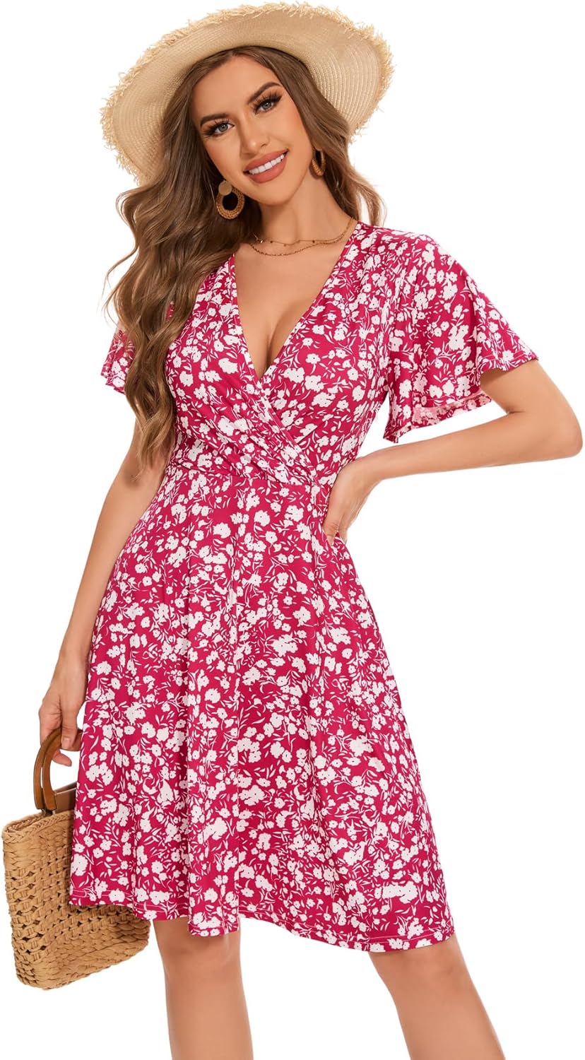 Women Casual Summer Dress 2025 Beach Vacation Floral Sundress Short Sleeve Wrap V-Neck Modest Dresses