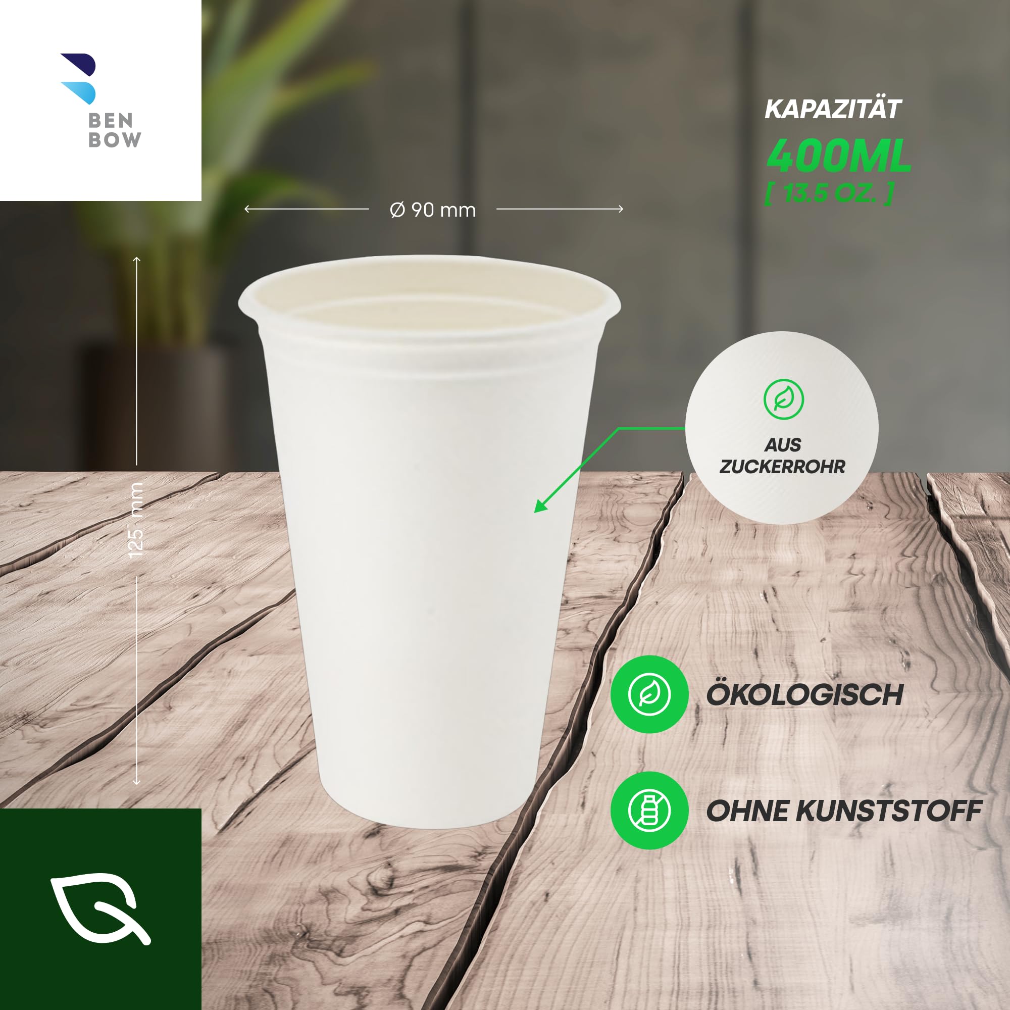 BenBow Einwegbecher aus Zuckerrohr, Weiß, 400 ml x 500 - Hochwertige Becher, Besser als Pappbecher, Umweltfreundlich, Recycelbar, für Heiße und Kalte Getränke, Ideal für Partys oder Kaffee