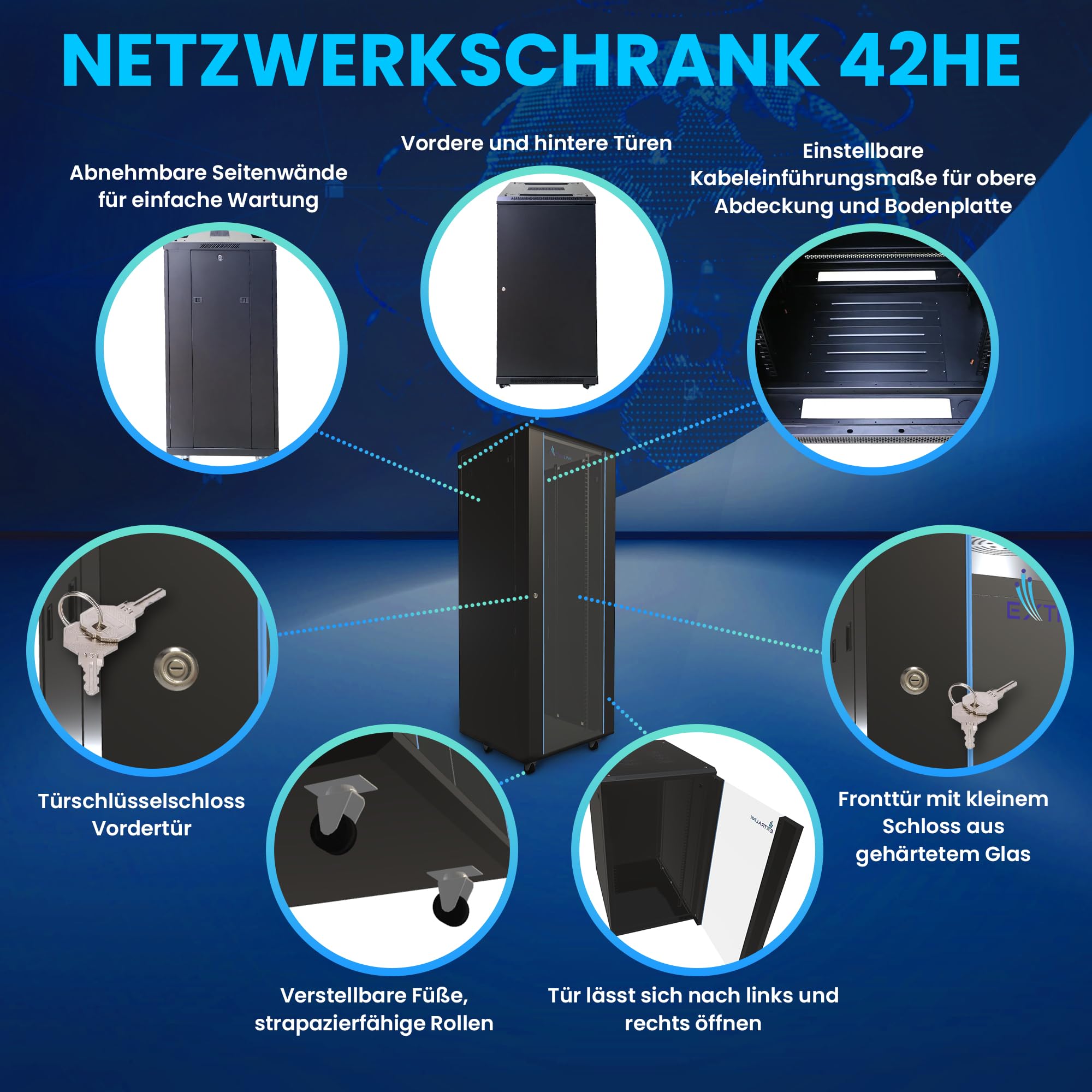 Netzwerkschrank 19 Zoll 42 HE 600x800 freistehend abnehmbare Seitenwände selbstmontierender Rahmen Serverschrank 19 Zoll für Switches UPS Server gehärtetes Glas Schwarz Rack 19 Zoll