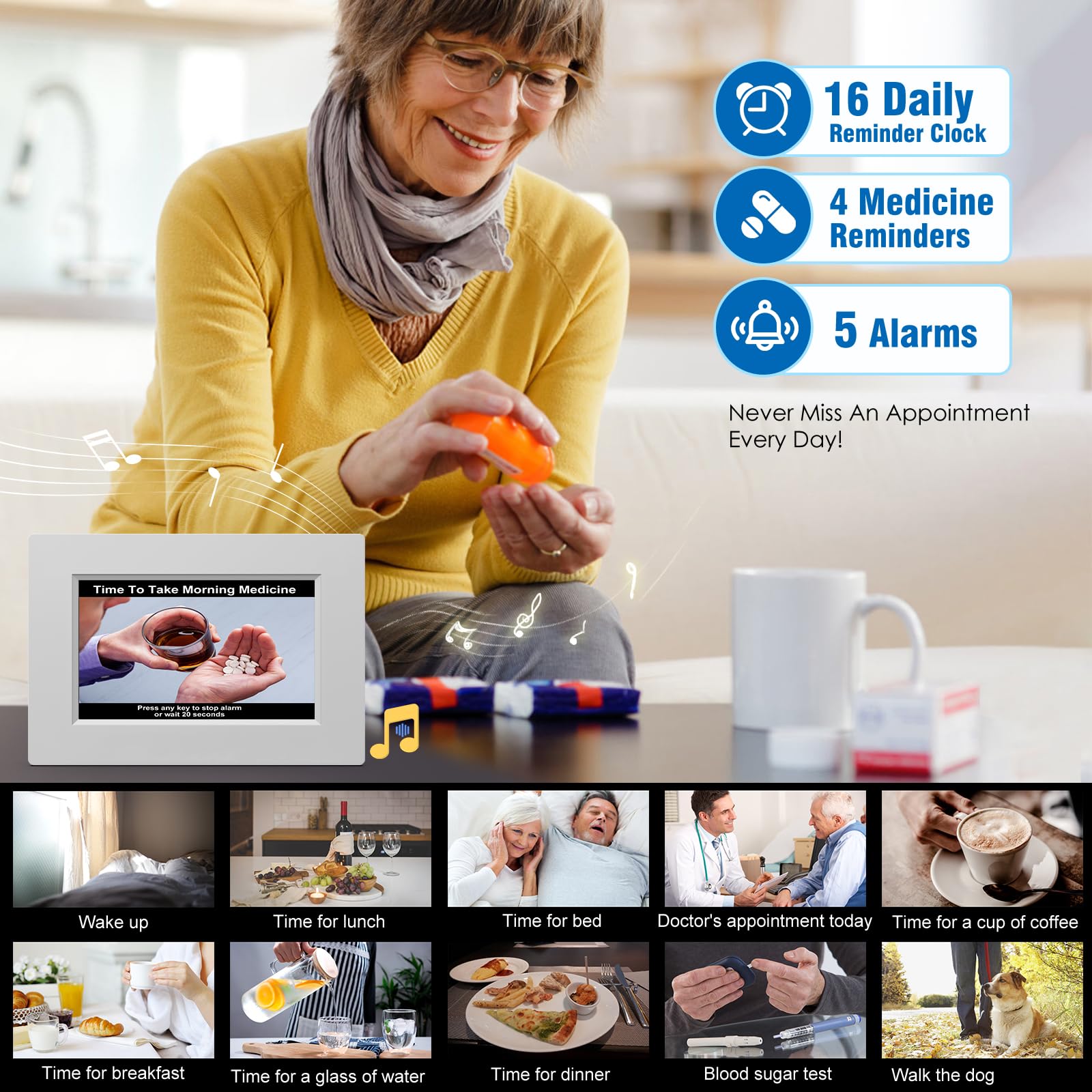 Horloge Numérique Calendrier 7 Pouces LCD Auto Dimming Pour Seniors Alzheimer - 10 Langues, Grand Écran Clair, 25 Alarmes - Blanc