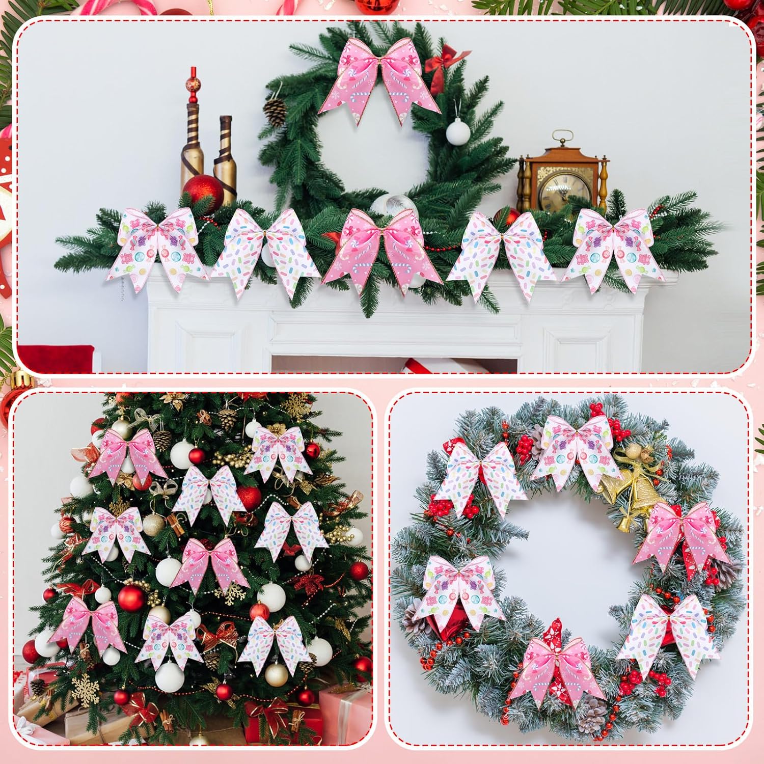 12 Pcs Candy Christmas Bows for Tree 6 Inch Large Pastel Christmas Ribbon Bows Decor Pink Wreaths Ornaments Gift Wrapping for Holiday Party Crafts Home Fireplace Front Door - Image 6
