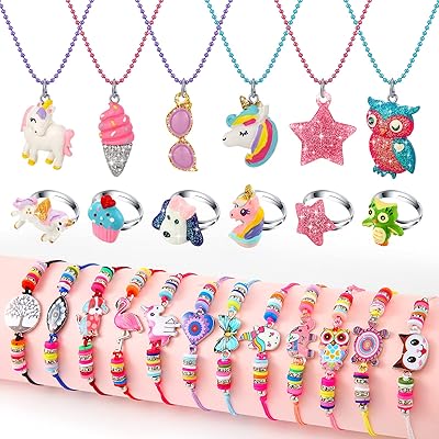 24 Pcs Little Girl Jewelry Set Kids Unicorn Necklace Cute Woven Bracelet Ring for Girls Pretend Dress up Party Favor (Vivid Style)