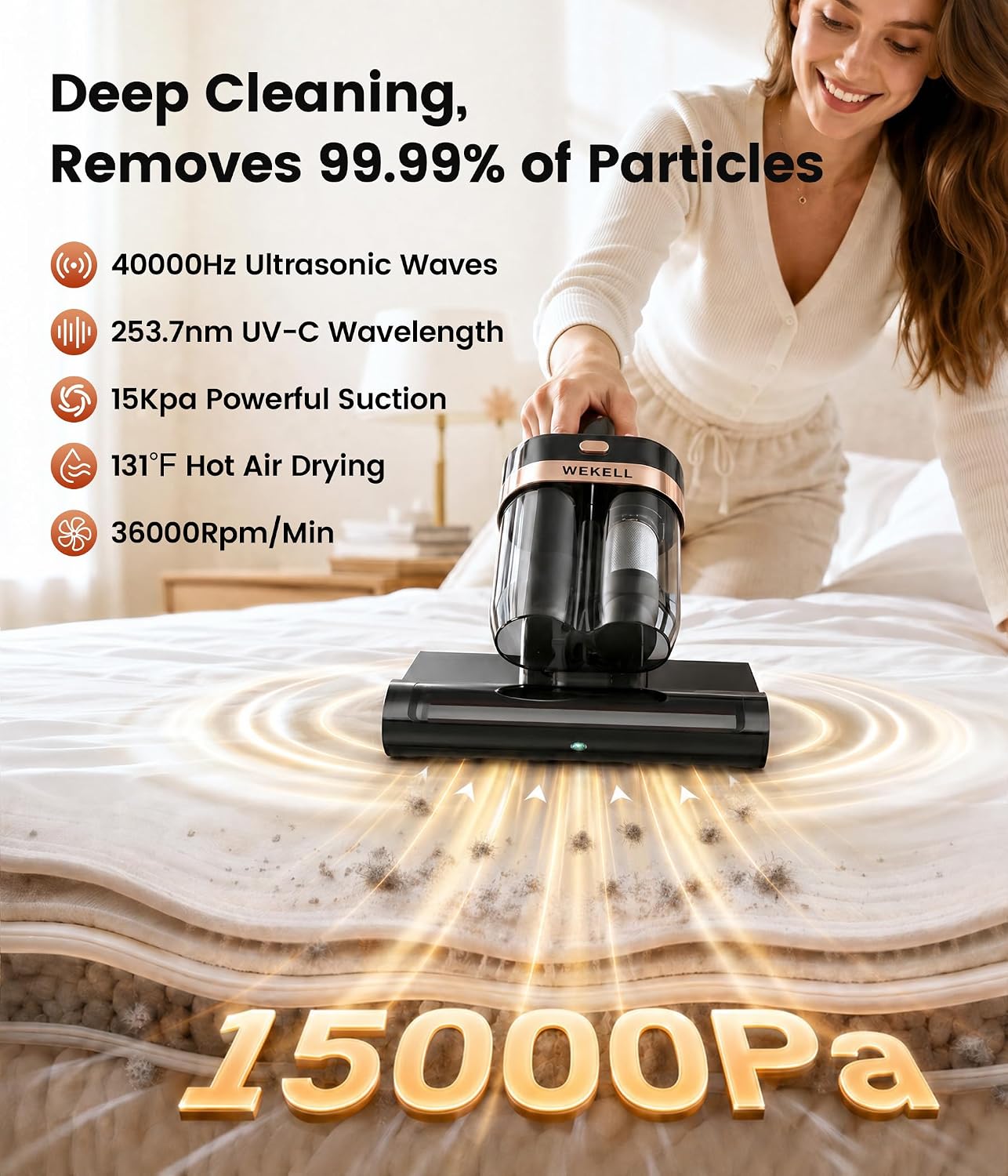 Mattress Vacuum Cleaner, 15Kpa Bed Vacuum Cleaner with UV-C Light Technology & Thermal Care, HEPA Filter & Ultrasonic, Versatile Handheld Vacuums Machine Deep Cleaner for Bed, Couch, Sofa, Crib