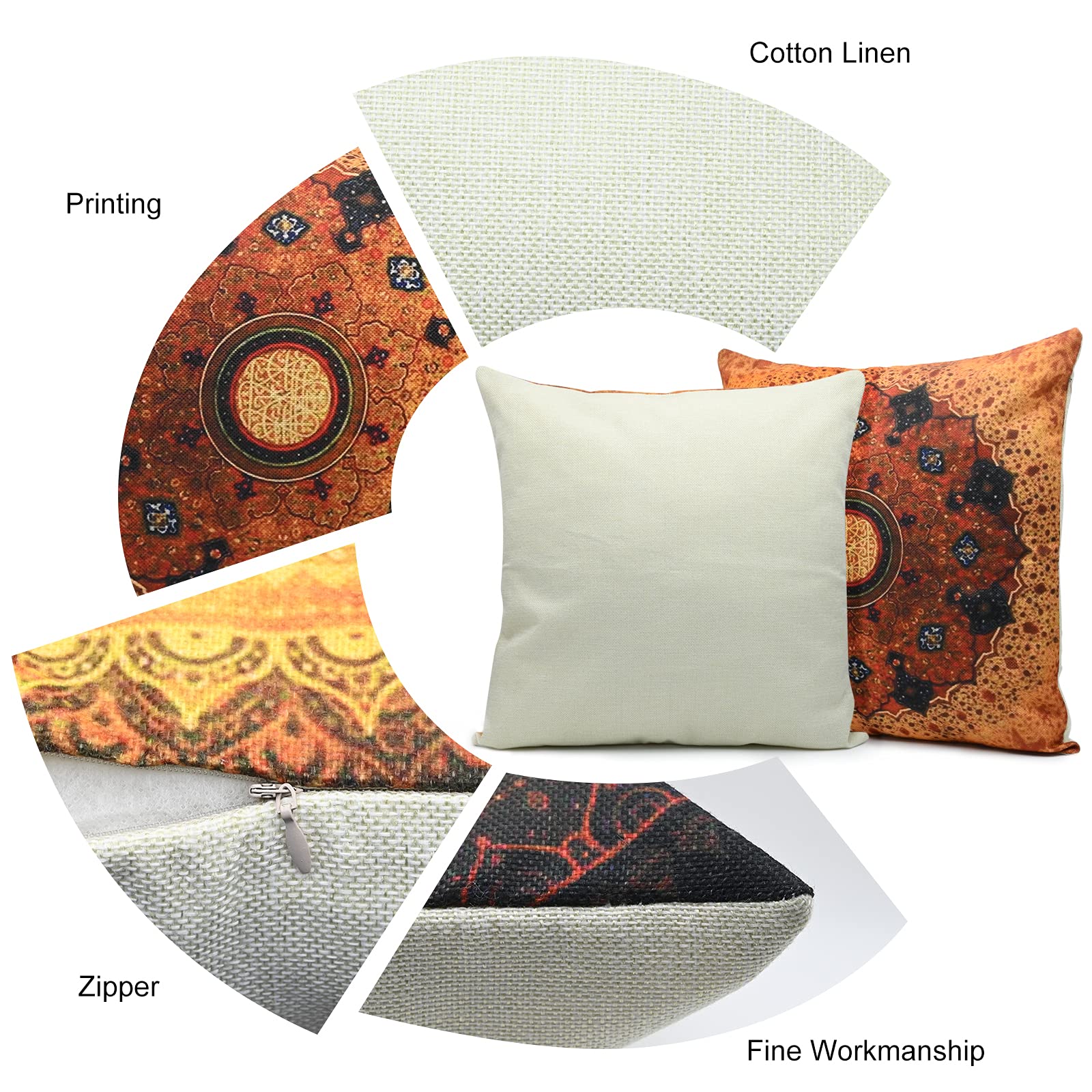 Set Di 4 Federe Per Cuscini 45x45 Cm Con Motivo Mandala Floreale | Cuscini Divano Boho Etnico Con Cerniera Nascosta | Poliestere Morbido