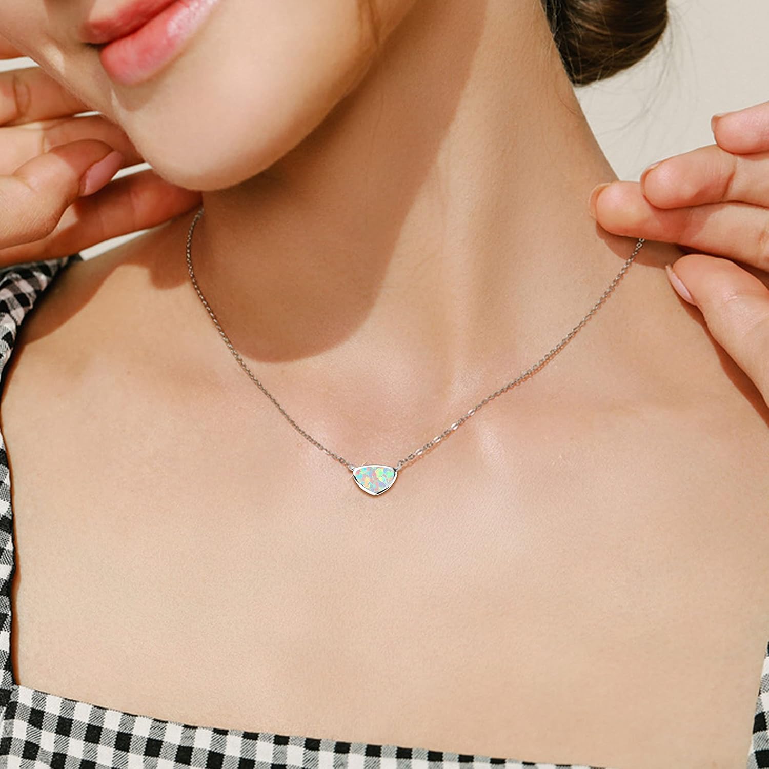 Dainty S925 Silver Triangle White Opal Necklace for Women Gift Chain with Adjustable Long - Image 2