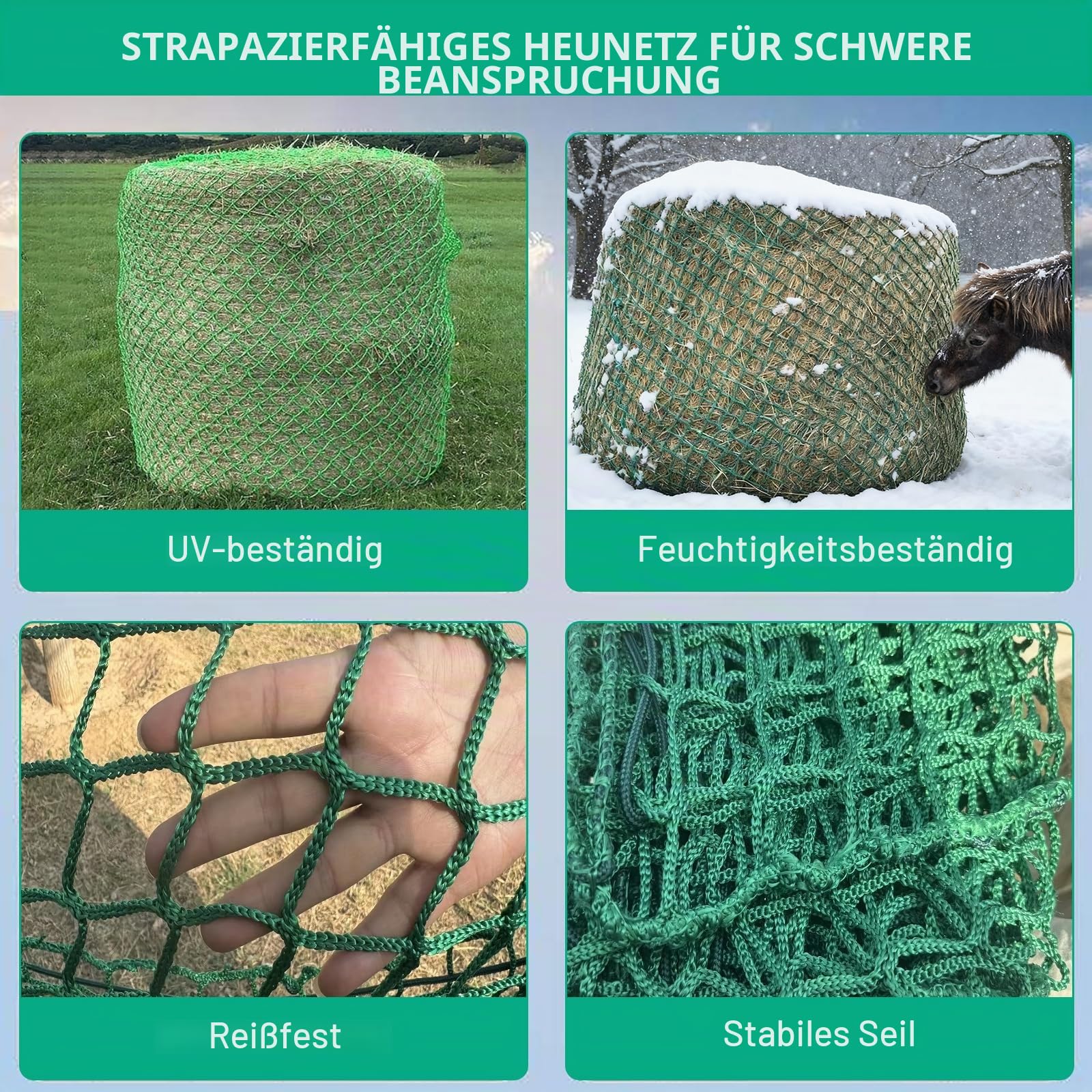 Heunetz Rundballen Ø180 x H180 cm – Engmaschiges Futternetz 4,5 cm, Stabiles Heuballennetz für Pferde, langlebiges Rundballennetz zur Verlängerung der Fresszeit (Rund)