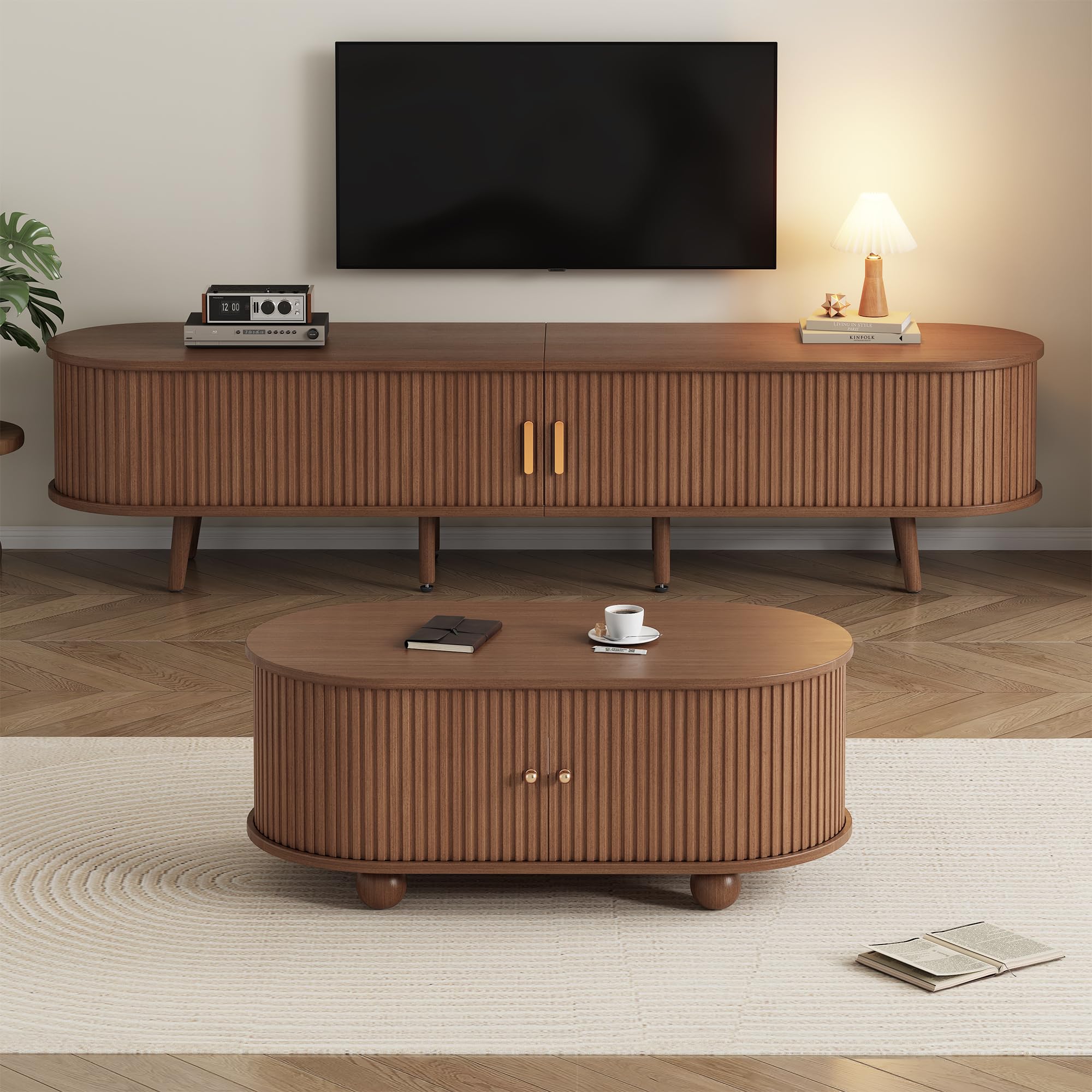 175x40x42cm&100x50x40cm Wohnzimmer-TV-Schrank mit Stauraum + Couchtisch-Kombination, Nussbaum Kombination in Originalholzfarbe, MDF, 2 Set