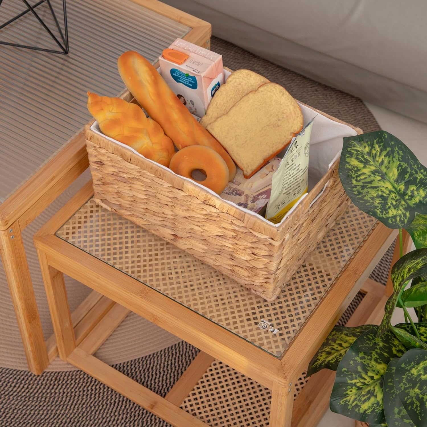 Water Hyacinth Storage Basket for Organizing,Large Wicker Basket Rectangular Bins with Liners, 14.5x10x7Inches Built-in Handles, 1 Pack.