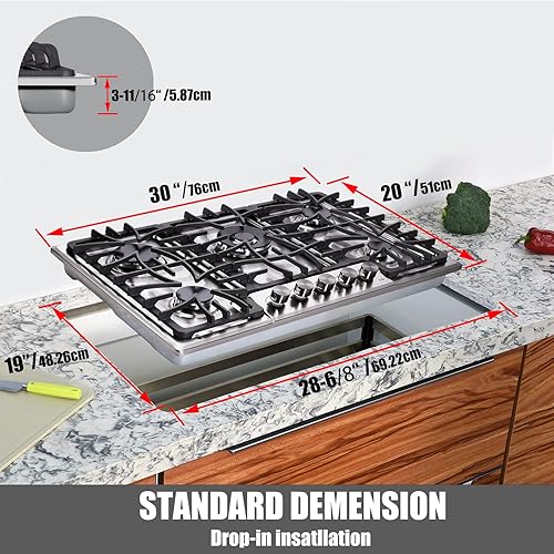 Miniatura 4 de Placa de cocina de gas de 5 quemadores, 30 pulgadas GLPNG con doble caída de combustible en la parte superior de la estufa de gas, encendido