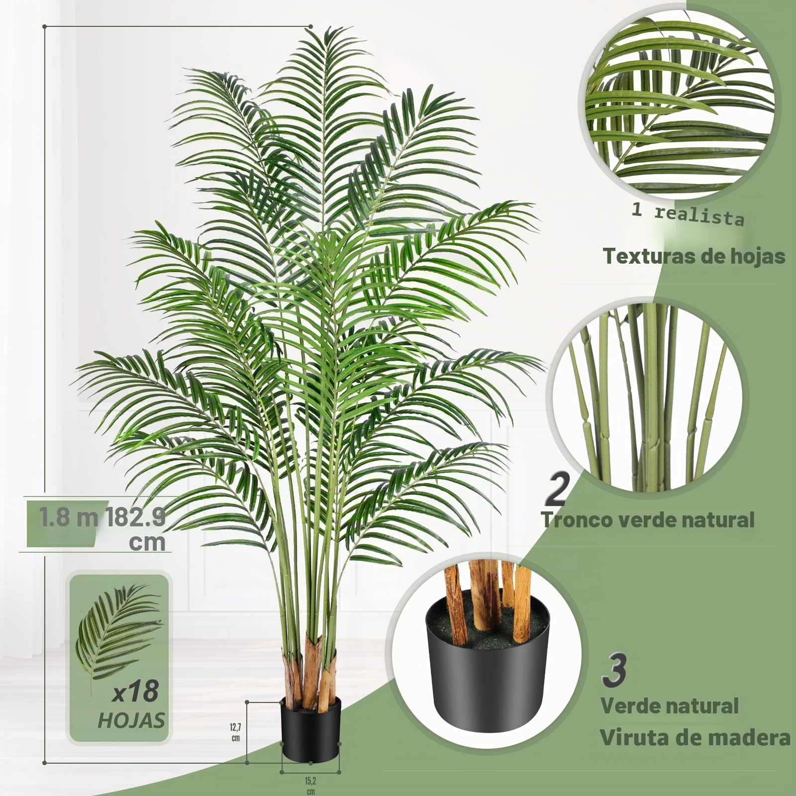 Planta Artificial Areca Palmera Grande 180 cm Arbol Artificial Interior y Exterior Plantas Artificiales Decorativas Salon Dormitorio Balcón Decoracion Hogar Moderno (1 Pack)