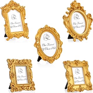 Maitys 5 Pcs Mini Picture Vintage Frames Tiny Antique Photo Baroque Ornate Resin Oval Frame Table Top Display Home Wedding Decor (Gold)