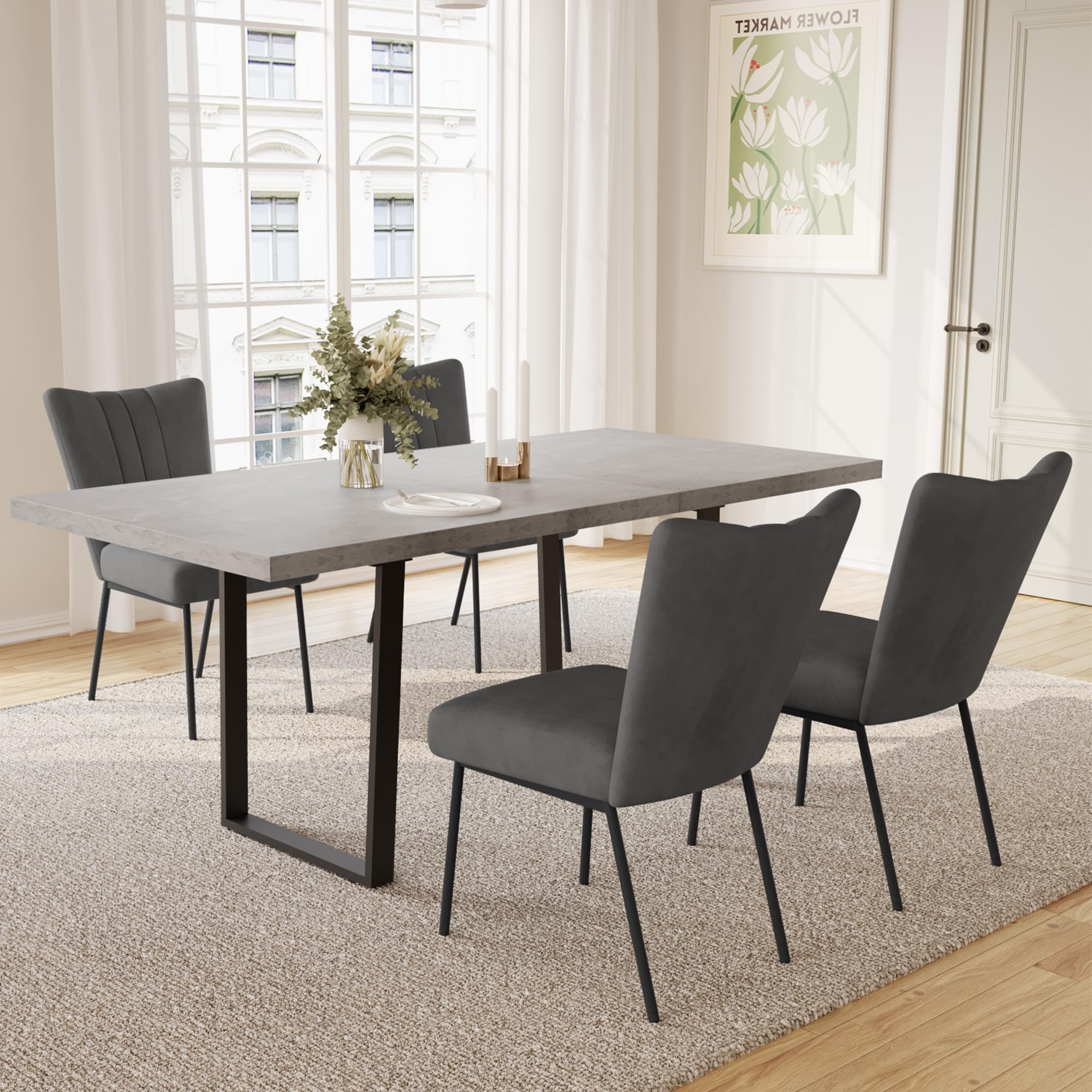 Table de salle à manger extensible en MDF pour 4-6 personnes avec 4 chaises grises, table de cuisine polyvalente en bois 130-170 cm, idéale pour salle à manger et espace de cuisine