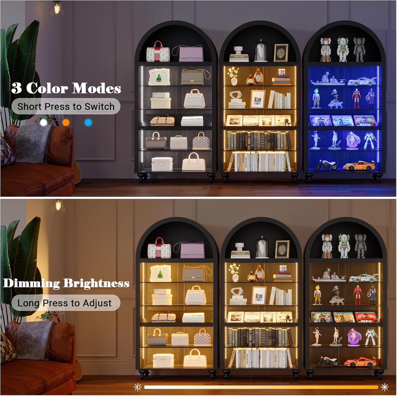 6-Tier Arched Bookshelf with LED Sensor Lights, Arch Open Bookcase 71" Tall x 35.4" Wide, Thick Wooden Display Cabinet for Collection's Books, Living Room, Office, Kitchen Pantry Display Shelf (Black)