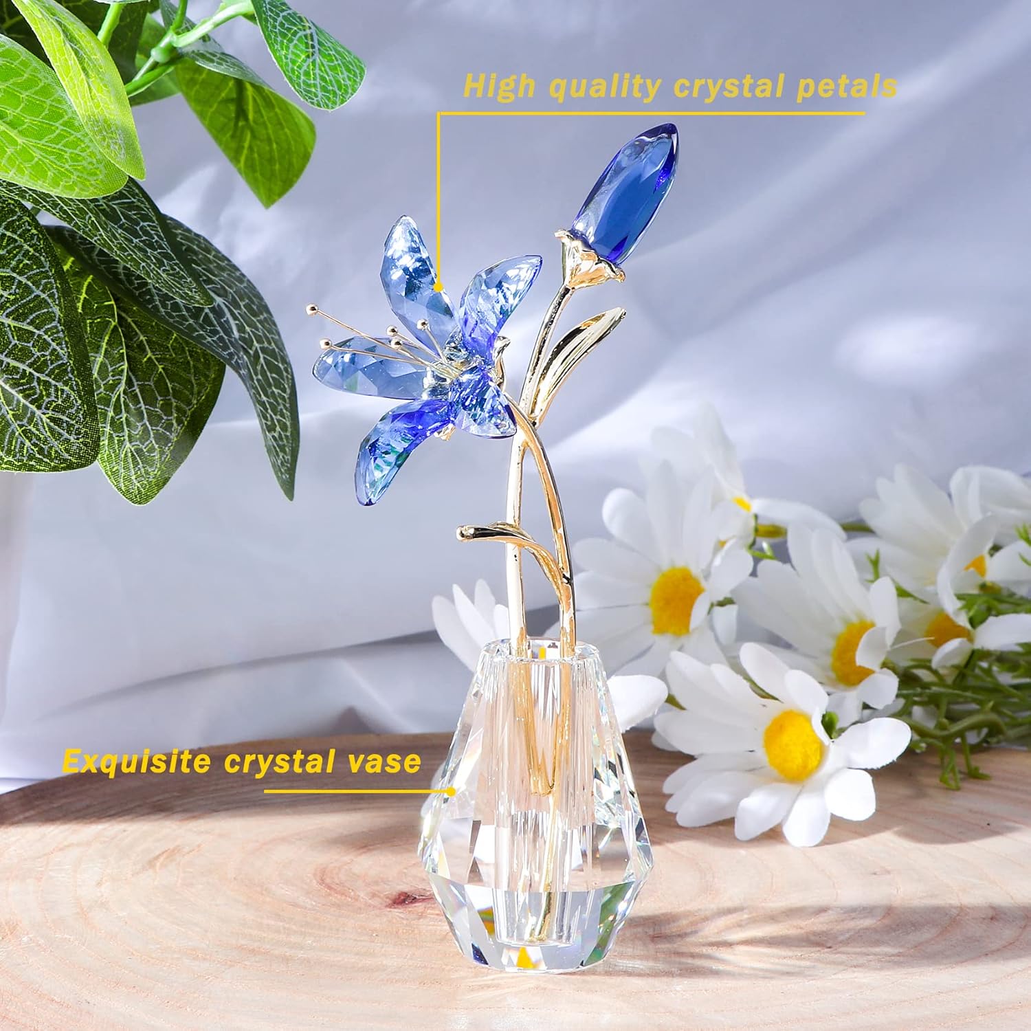 YWHL Crystal Lily Flower Figurine with Vase, Handmade Blue Lily Flower Gifts for Woman, Wedding Gifts for Couple, Home Party Decorations (Blue Lily)
