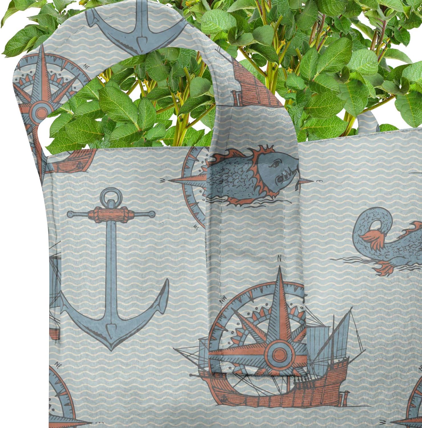 Ambesonne Nautical Grow Bags 5-Pack, Anchor Windrose Fish Ships, Heavyduty Fabric Pots with Handles for Plants, 7 Gallon, Blue Multicolor