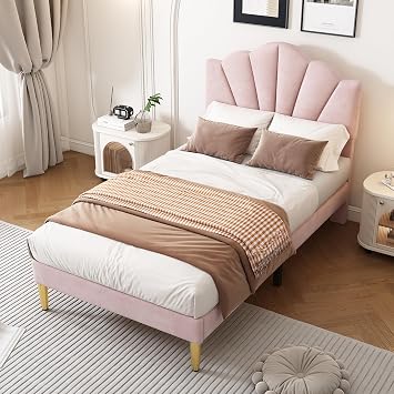 BTM Single Bed, 3FT (90 * 190cm) Upholstered Single Bed Frame, Shell-like Velvet Bed with Golden Iron Legs & Height-adjustable Headboard, Wooden Slatted Frame Velvet Bed, Pink