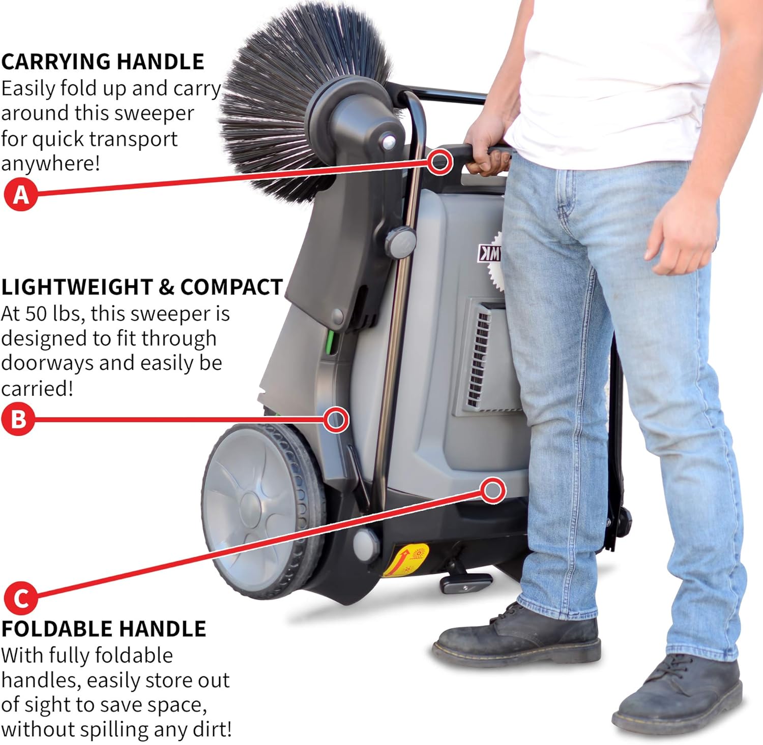 Tomahawk Industrial 38" Walk Behind Push Sweeper with Triple Power Side Brooms Floor Cleaning of Dust Litter Grass