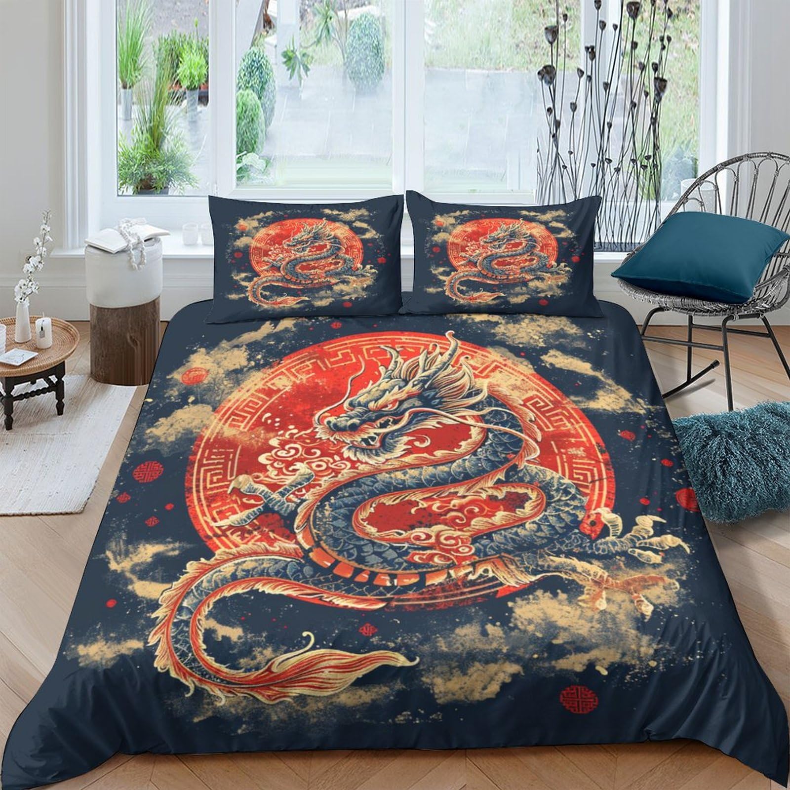 Parure de lit dragon 3D en microfibre double 200x200cm avec ses deux taies d'oreiller assorties