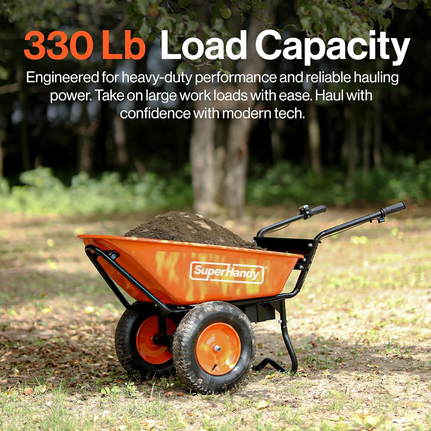 SuperHandy Brouette Électrique – Batterie Li-ION 48V, Capacité 150kg, Bac en Acier Revêtu de Poudre de 85L, Chariot Utilitaire pour Matériaux et Débris | Bac en acier thermolaqué robuste; idéal pour transporter matériaux, outils et débris dans le jardin e