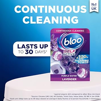 Bloo Self Active Single Lavender Toilet Rim Block. Hanging Toilet Rim Block with 100% More Cleaning Power*.