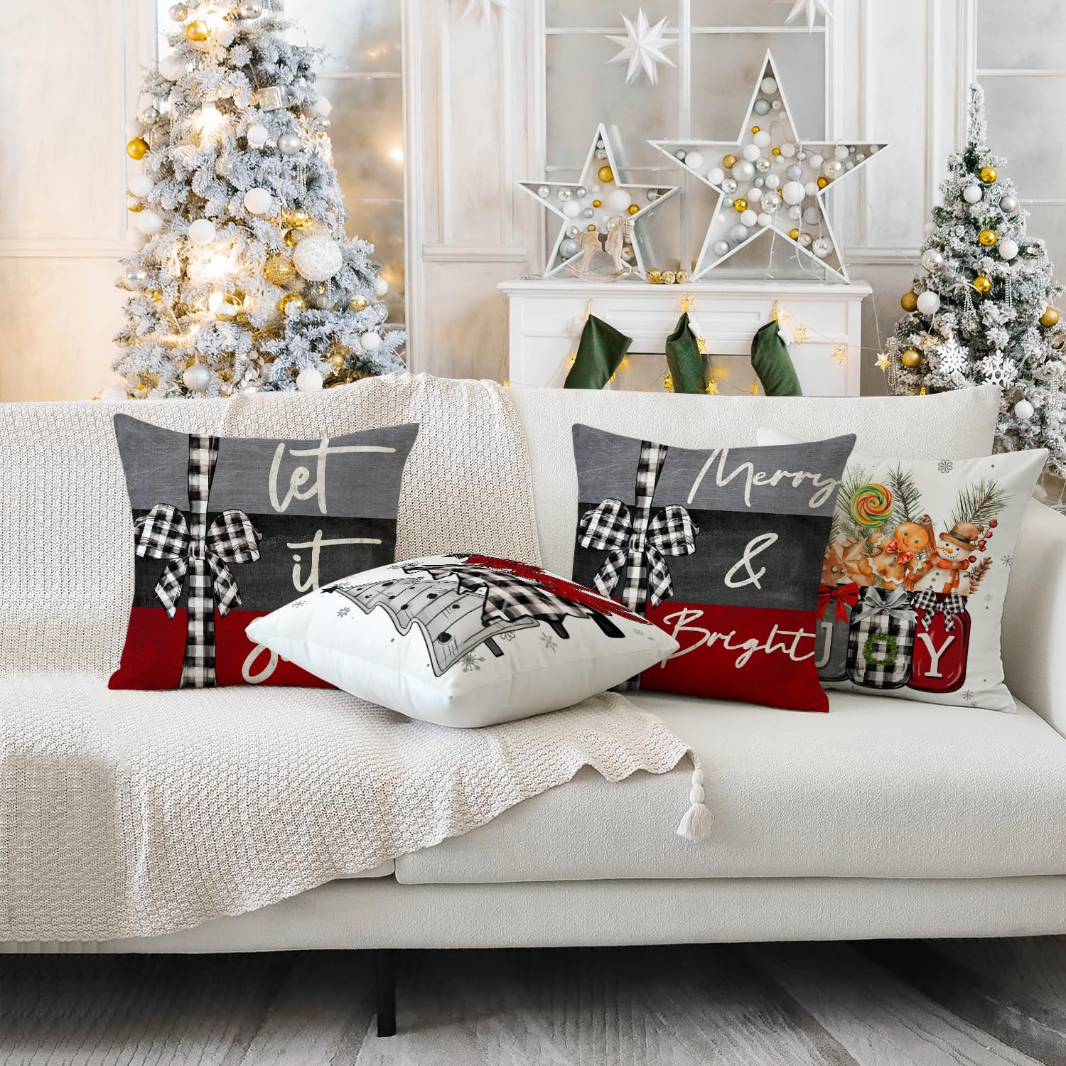 Miaikoe 45x45 cm Christmas Cushion Covers Merry Christmas Joy Xmas Trees Red and Black Decorative Winter Holiday Cushion Case Decoration for Coach Sofa Set of 4 - Image 2