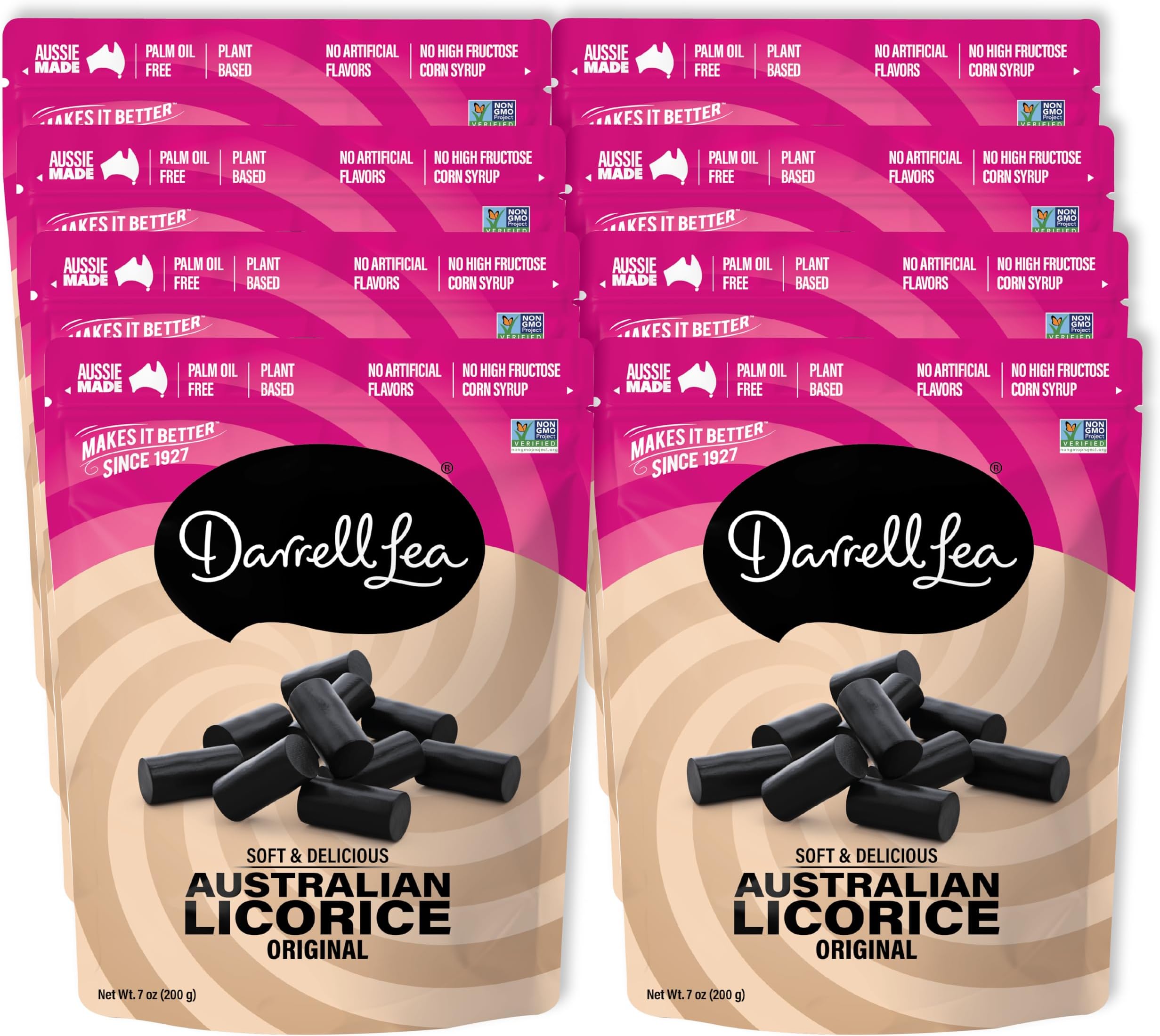 Darrell Lea Soft Australian Licorice, Non-GMO, No Palm Oil, Vegetarian Friendly, No High Fructose Corn Syrup, Soft & Chewy Licorice Candy, Made in Australia (Original Black, 7 Ounce (Pack of 8))