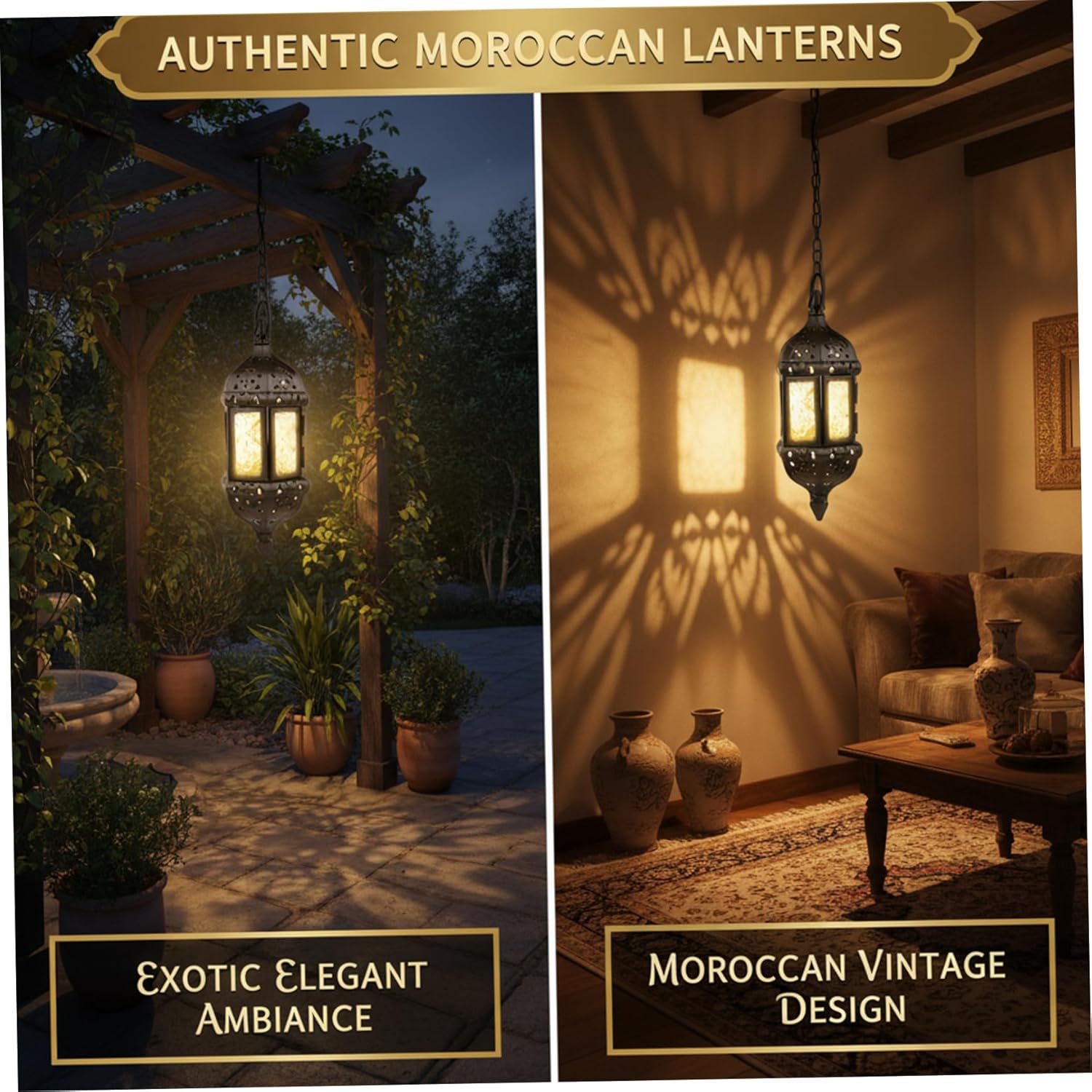 2Pcs Moroccan Lantern Hollow Vintage Hanging Candle Lantern Metal Decorative Ramadan Decorations for Home Indoor Outdoor