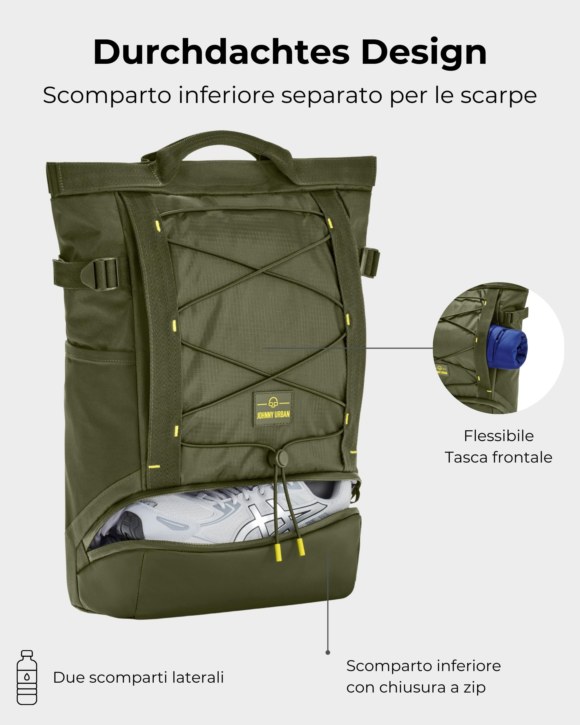 Johnny Urban Zaino Uomo Donna Verde - Harper - Zainetto Da Viaggio Sport Tempo Libero Con Molti Scomparti - Scomparto Per Porta PC 16 Pollici - Idrorepellente