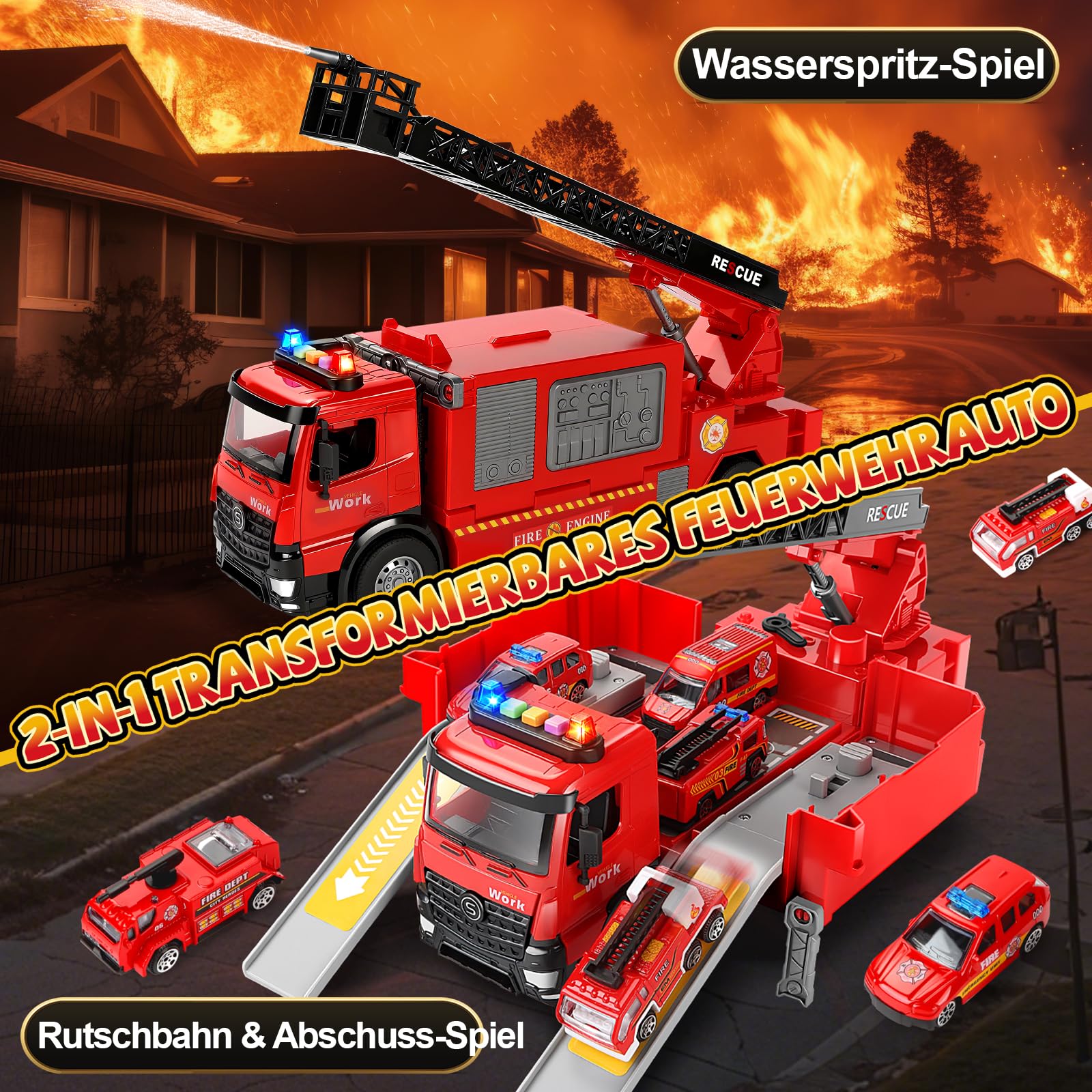 JONRRYIN Feuerwehrauto Groß, Feuerwehr Auto Spielzeug mit Drehleiter, Sound und Licht, Wasserspritz Funktion, Feuerwehr Spielzeugauto, Geschenk für Jungen, Kinder Löschfahrzeug für Junge 3 4 5 Jahre
