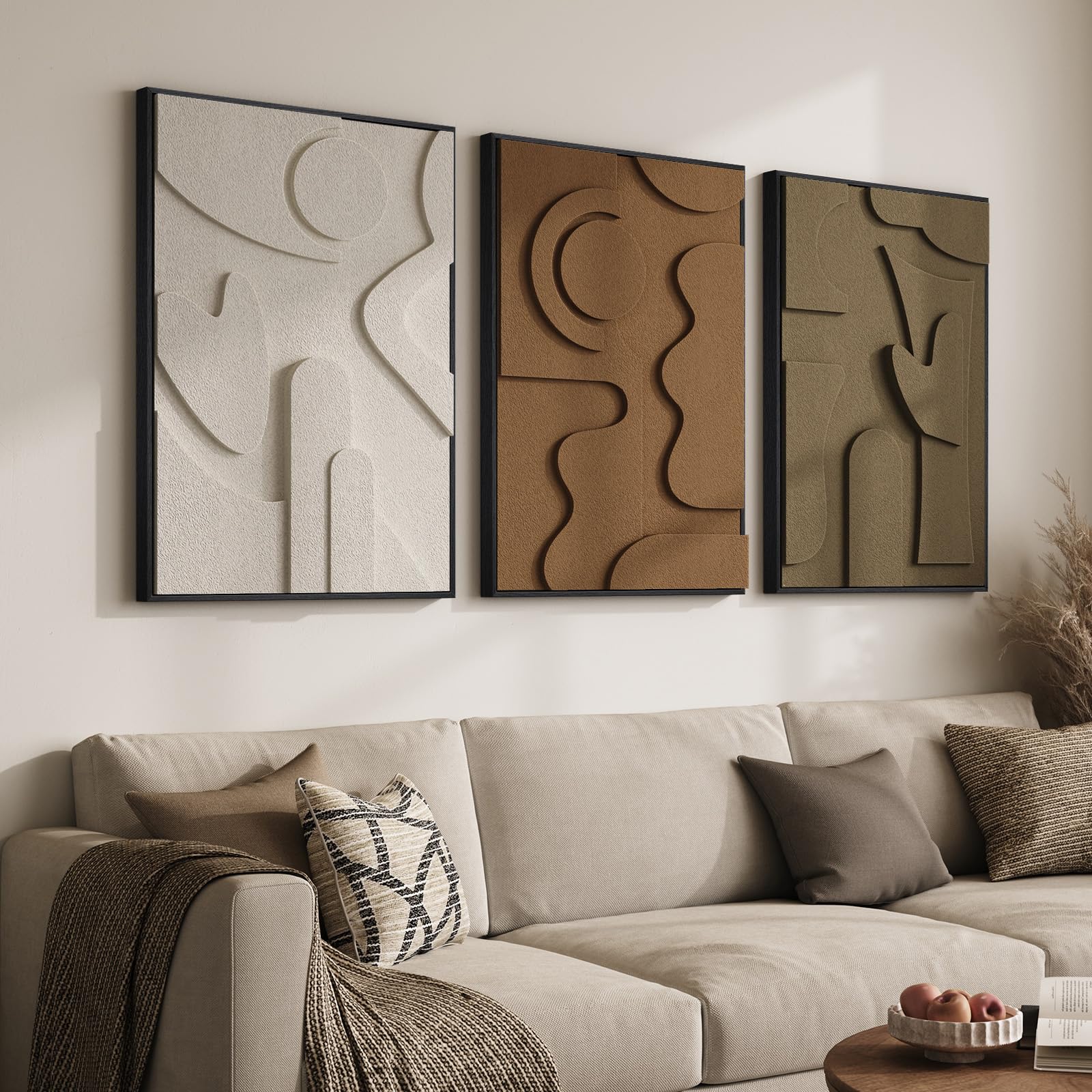 Large 3D Textured Framed Abstract Wall Art for Living Room, 3 Piece Modern Paintings Artwork for Walls, Black White Brown Geometric Sandstone Texture Pictures for Hallway Office Home Decor 24x36 In — view 35