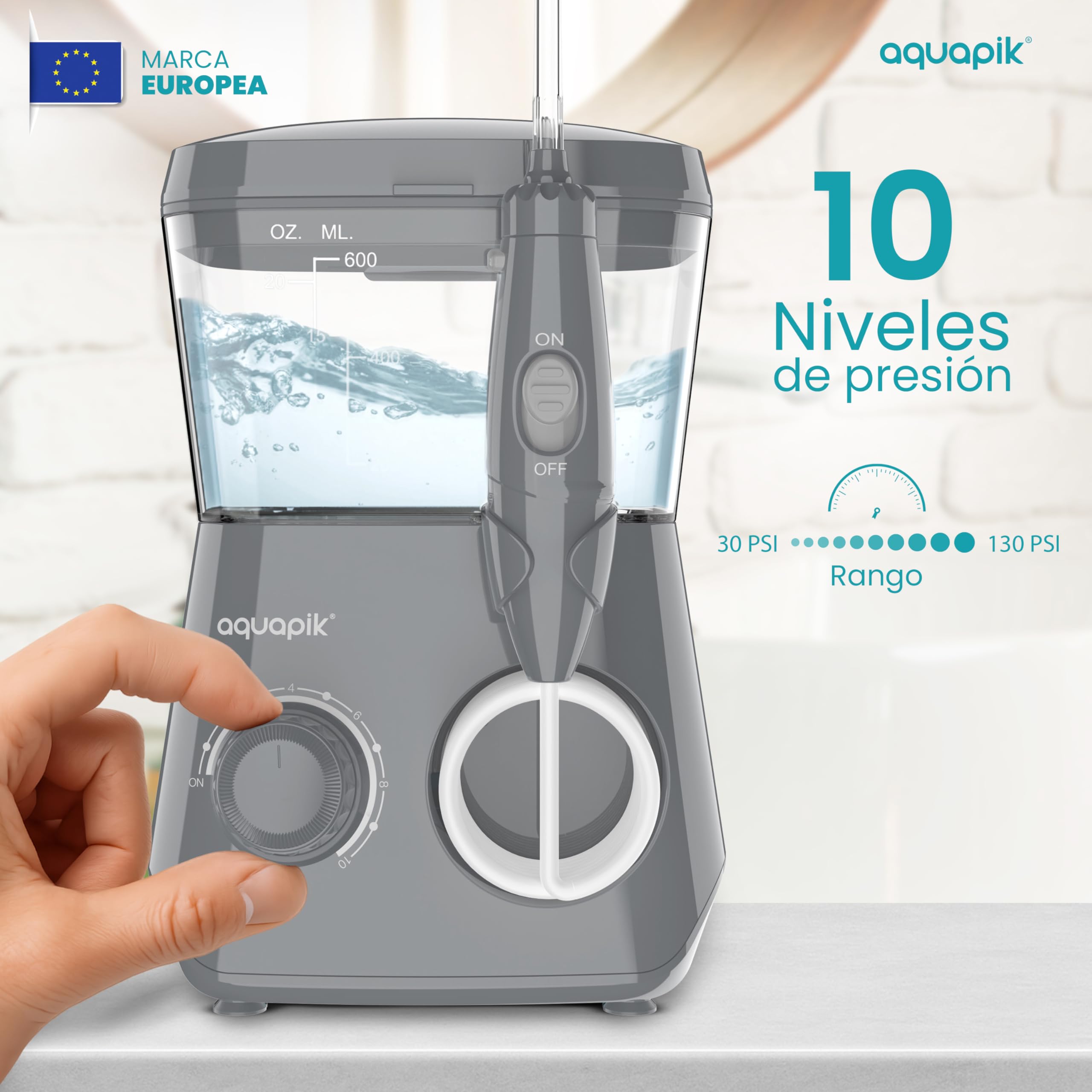 Aquapik® ADVANCED irygator do jamy ustnej, idealny do ortodoncji, implantów i wrażliwych dziąseł, zestaw wybielający + 8 ust, 10 poziomów ciśnienia, zalecany przez dentystów (szary)