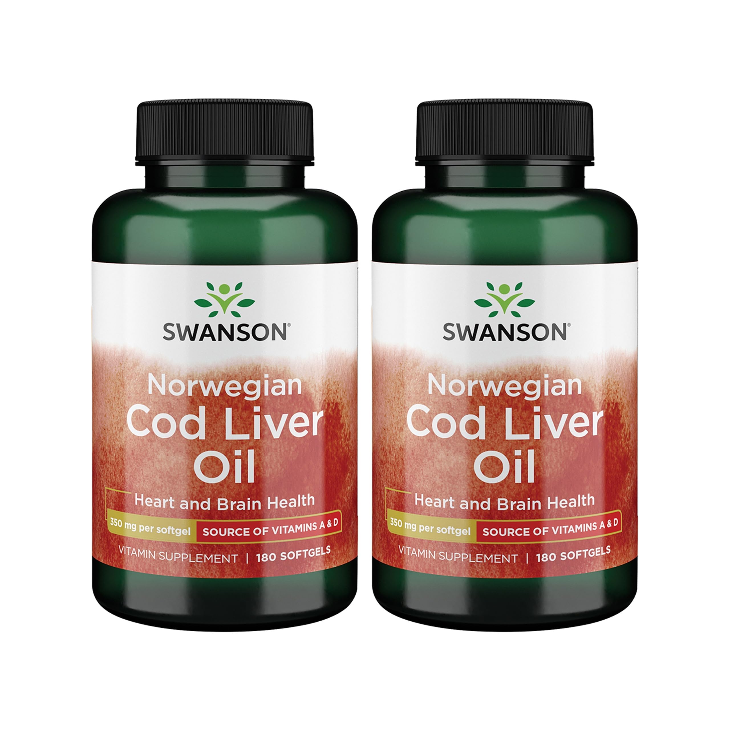 Swanson Cod Liver Oil with Vitamin A, 350 mg, 180 Softgels, 2 Pack 180 Count (Pack of 2)